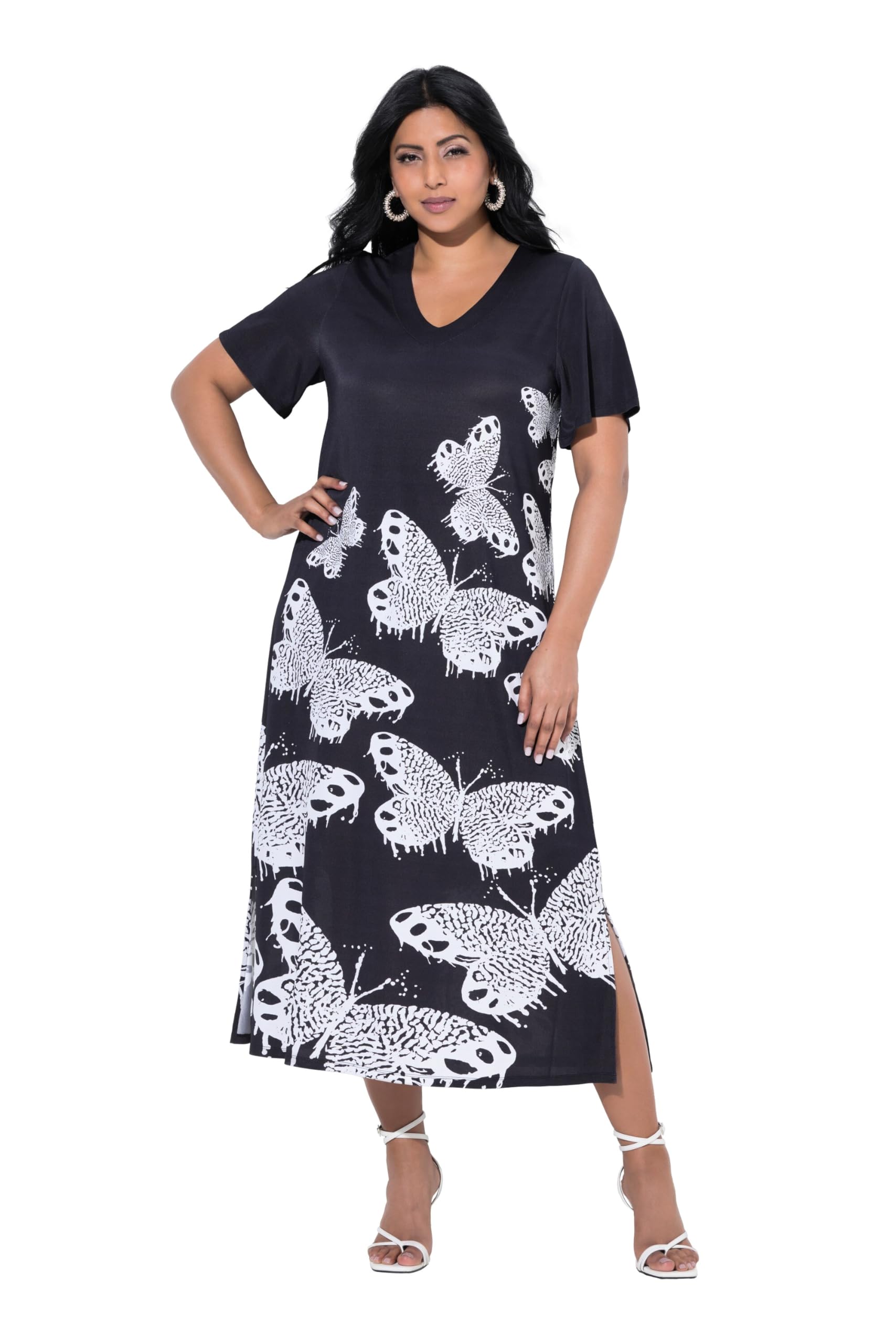 Ulla Popken Damen große Größen Übergrößen Plus Size Slinky-Midikleid, Schmetterlinge, V-Ausschnitt, Halbarm 839495