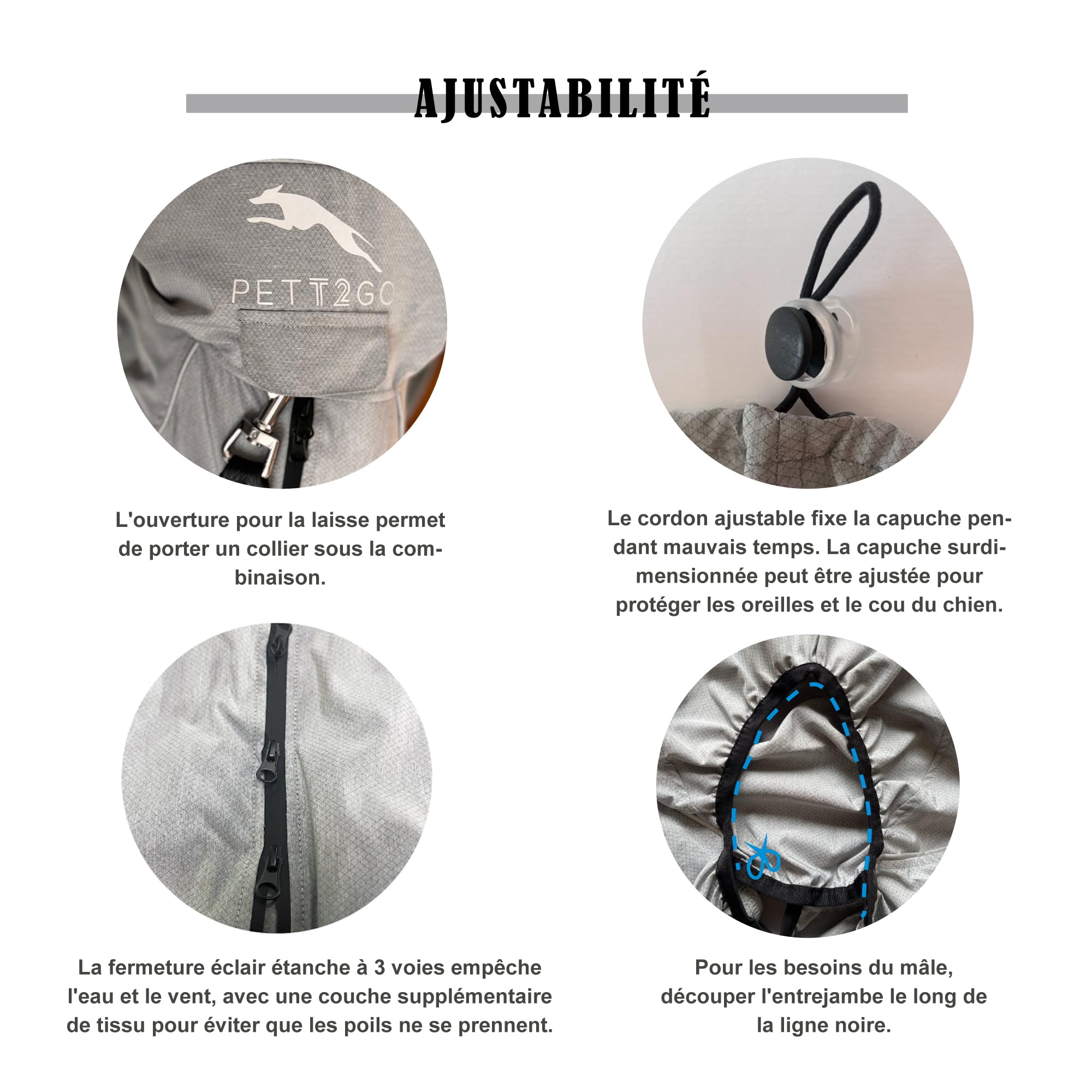 Coupe-Vent Léger pour Chien, Manteau avec Jambes, à Capuche, Trou pour Laisse, Réfléchissant, Compactable - Gris -XL (Mâle)