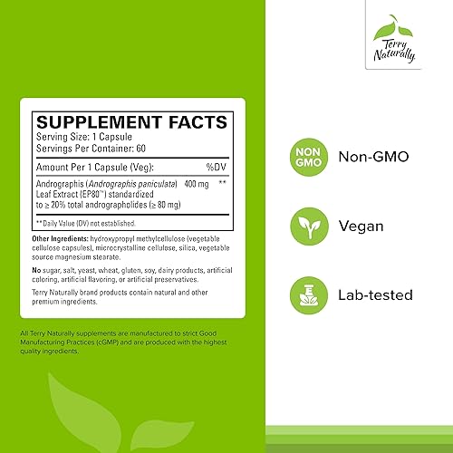 Miniatura 2 de Terry Naturally Andrographis EP80 Extra Strength - Salud cerebral y apoyo inmunológico - Suplemento de salud articular para ayudar a la movilidad -
