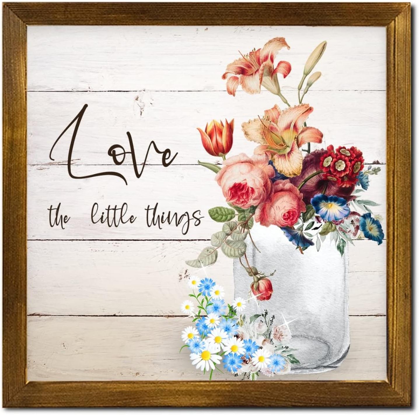 Love The Little Things Framed Wooden Signs Spring Rose Flower in Vase Wooden Wall Hangings Vintage Blossom Floral Home Wall Decoration for Home Living Room Office Entryway 12x12 inch