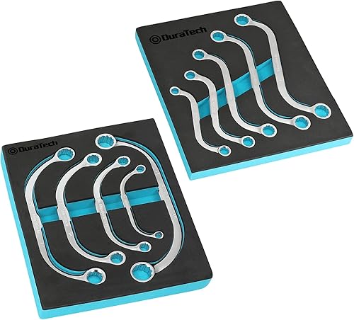 DURATECH Juego de llaves de caja estilo S de 5 piezas y 5 llaves de media luna, métricas, 12 puntos, CR-V, con organizador de herramientas de espuma