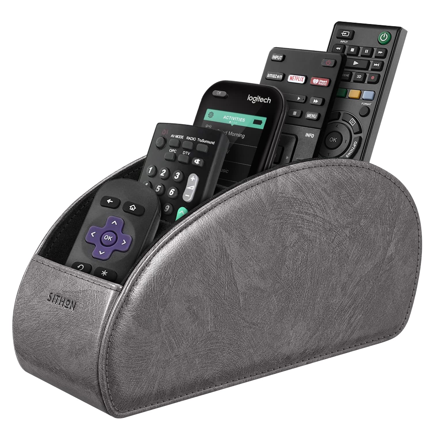 SITHON Remote Control Holder with 5 Compartments - PU Leather Remote Caddy Desktop Organizer Store TV, DVD, Blu-Ray, Media Player, Heater Controllers, Dark Gray