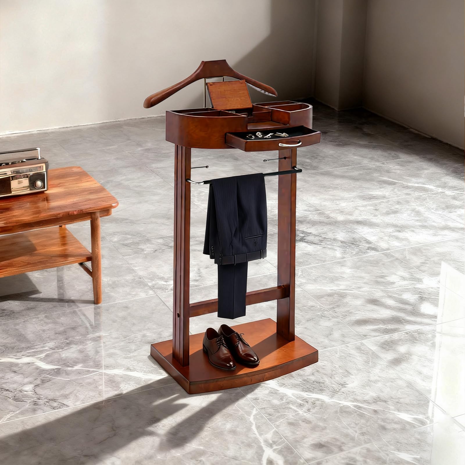Valet de chambre à coucher en bois avec étagère et compartiment pour téléphone portable, porte-vêtements avec cintre à pantalon et étagère à chaussures, peu encombrant avec poignée, chambre à