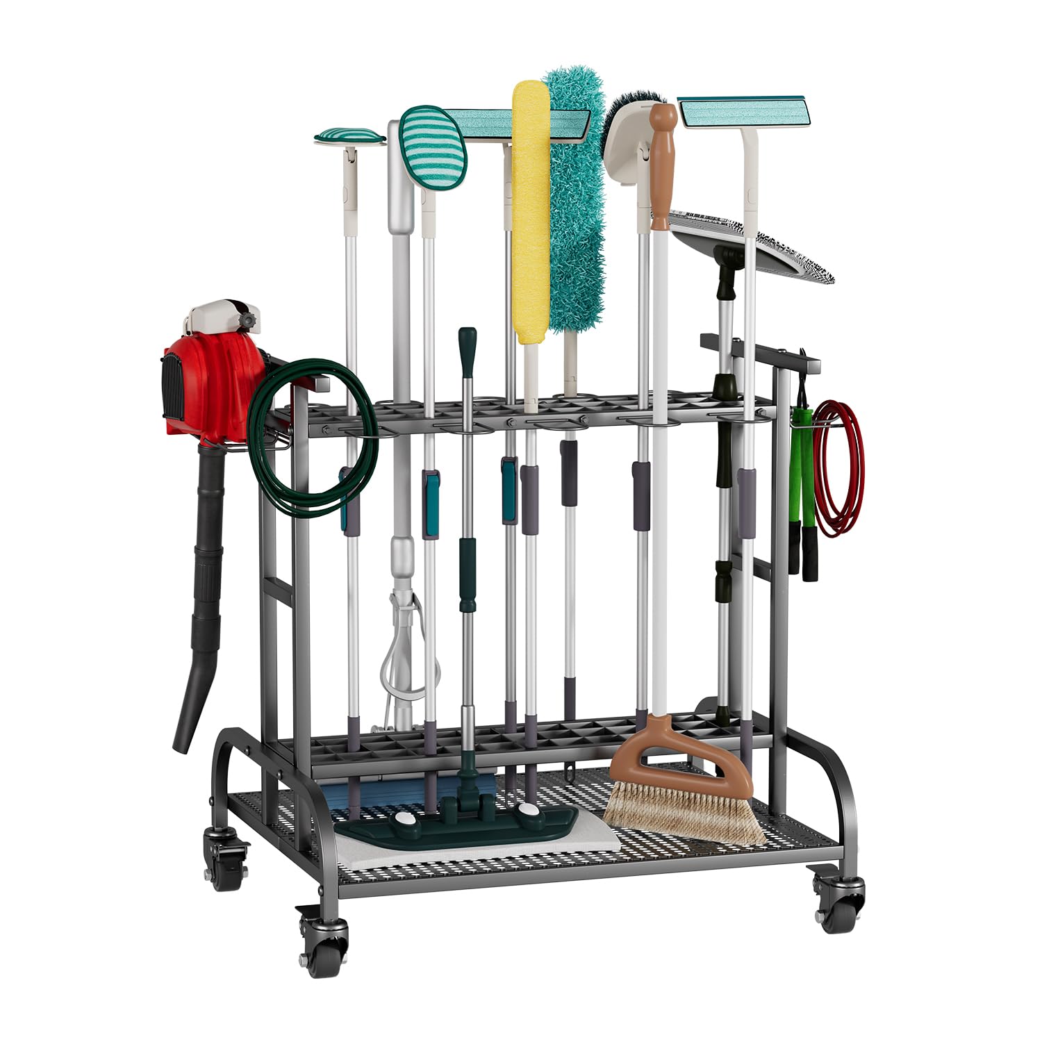 Gartengeräte Aufbewahrungsregal Gartengerätehalter Metall Gartengeräteständer mit Rollen Haken, bis zu 60 Werkzeuge, Mehrzweck Gerätehalter Organizer für Garage, Gärten, Hof, Schuppen