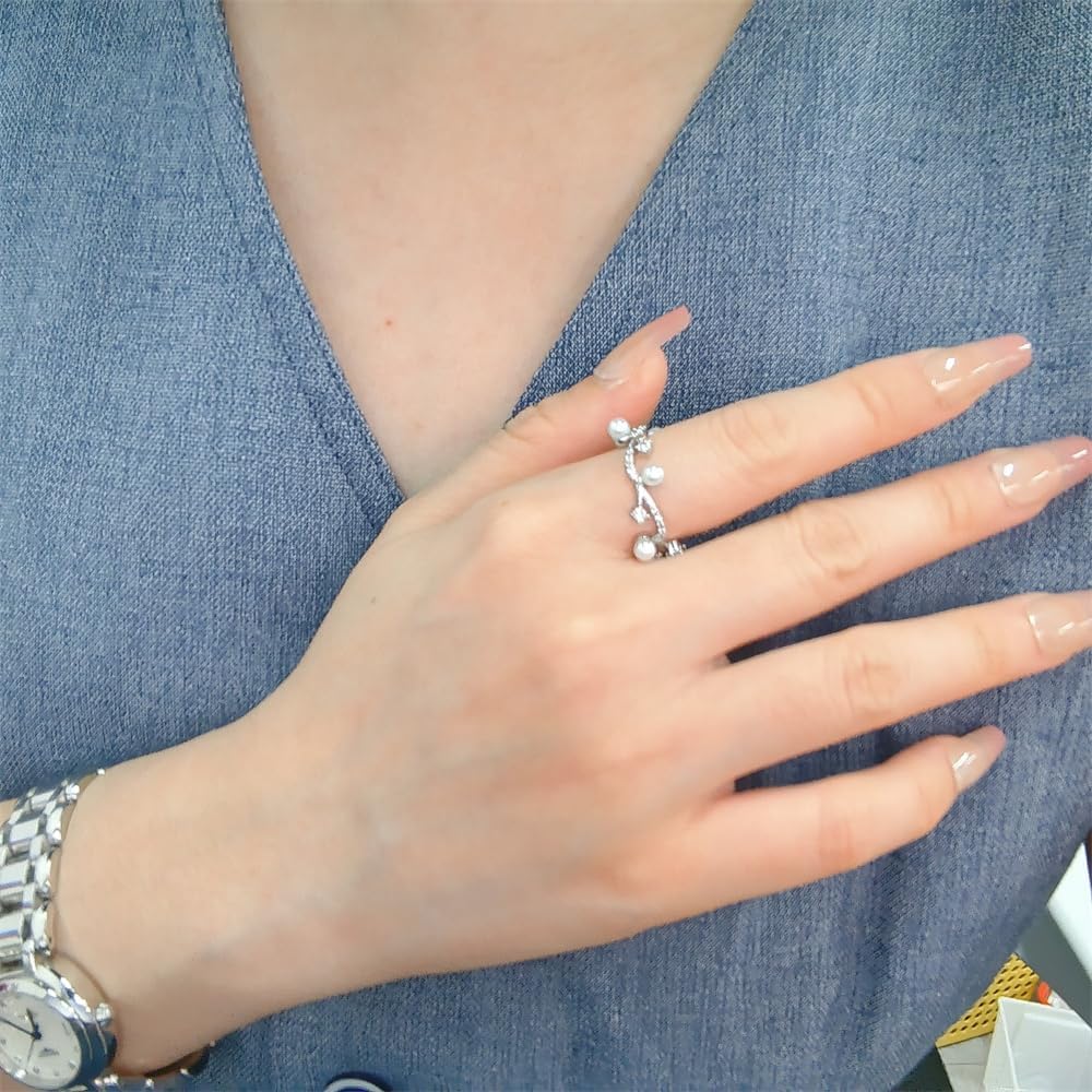 CZ Beaded Leaf Branch Statement Ring for Women Silver Plated Adjustable Wave White Ball Beads Open Wrap Rings Comfort Fit Dainty Wedding Holiday Party Jewelry - Image 2