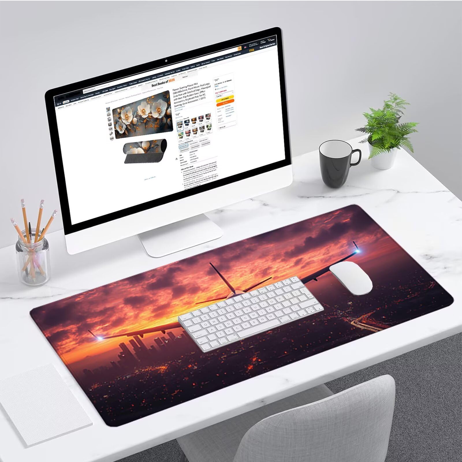 Tramonto Tappetino Mouse XXL, Tappetino Scrivania Grande 1200x600x3mm Aereo, Sottomano Scrivania con Bordi Cuciti, Mouse Pad con Base in Gomma Antiscivolo, Gaming Accessori, per Ufficio, Laptop U-1128