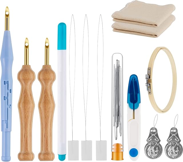 Punch Needle Kit Embroidery Needle Punch Kit Adjustable Rug Yarn Punch Needles Set, Wooden Handle Embroidery Pens, Punch Needle Cloth Needle Threader Tools for Embroidery Sewing DIY Craft(Blue)