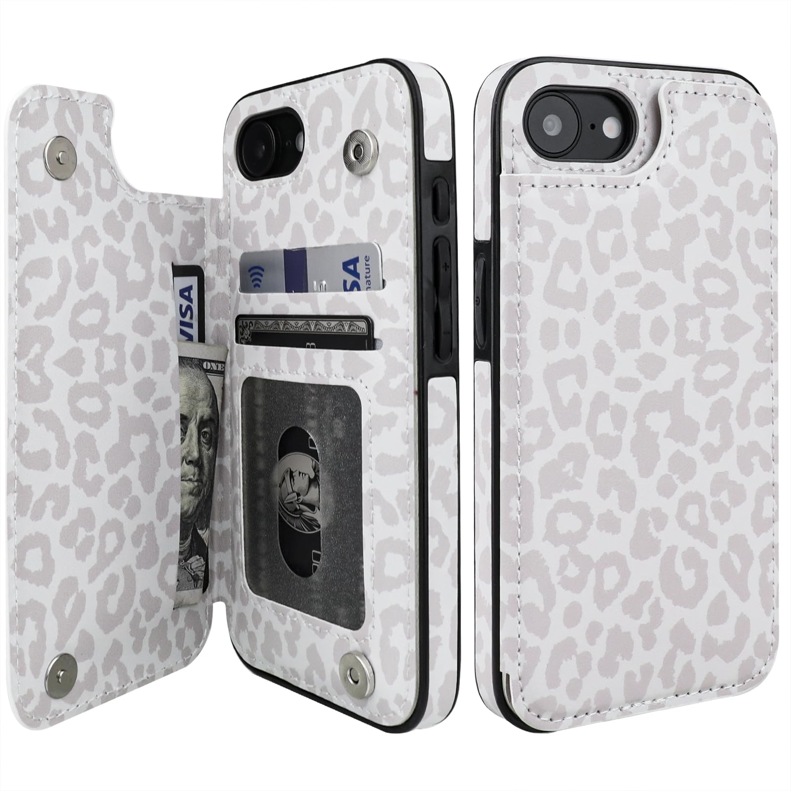 HAOPINSH for iPhone 16e Case Wallet with Card Holder, White Leopard Cheetah Pattern Back Flip Folio PU Leather Kickstand Card Slots Case for Women