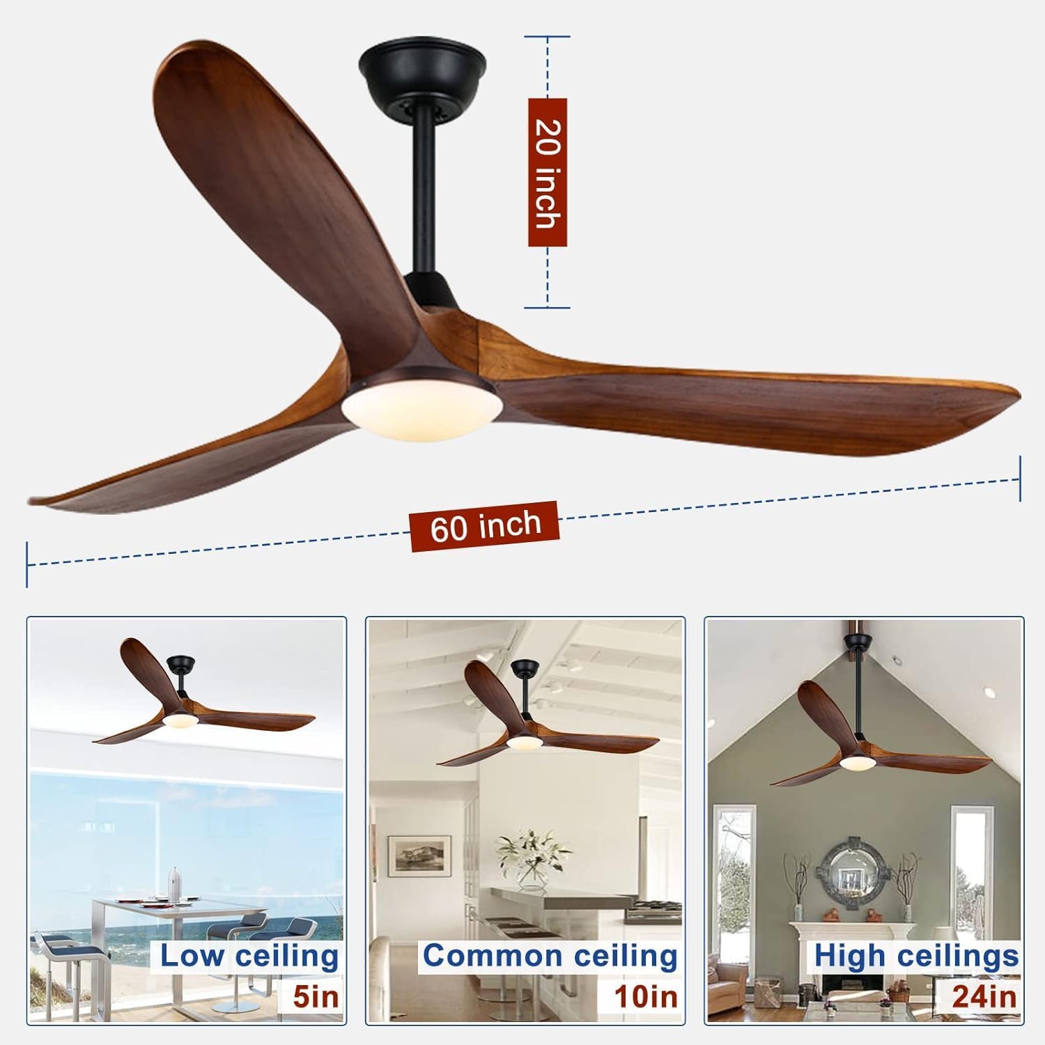 60 Inch Outdoor Ceiling Fans for Patios with Lights, Rustic Farmhouse Wood Propeller Ceiling Fan with Quiet High CFM DC Motor, Damp Rated Ceiling Fan for Porch Pavilion Gazebo