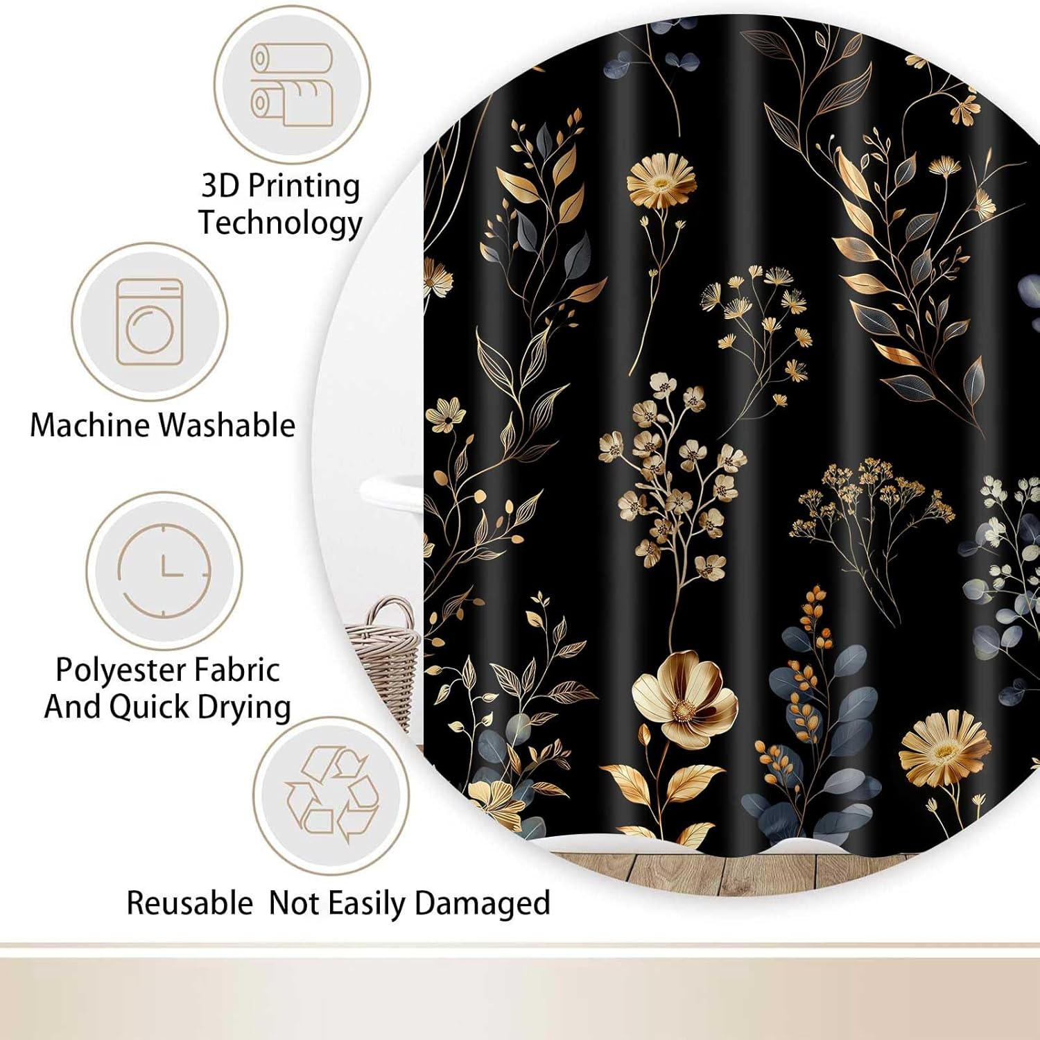 96inch Extra Long Modern Luxury Shower Curtain, Black Aesthetic Floral Boho Cloth Shower Curtain for Bathroom,Machine Washable, with Hook,Polyester Fabric Waterproof Restroom Decor Accessories