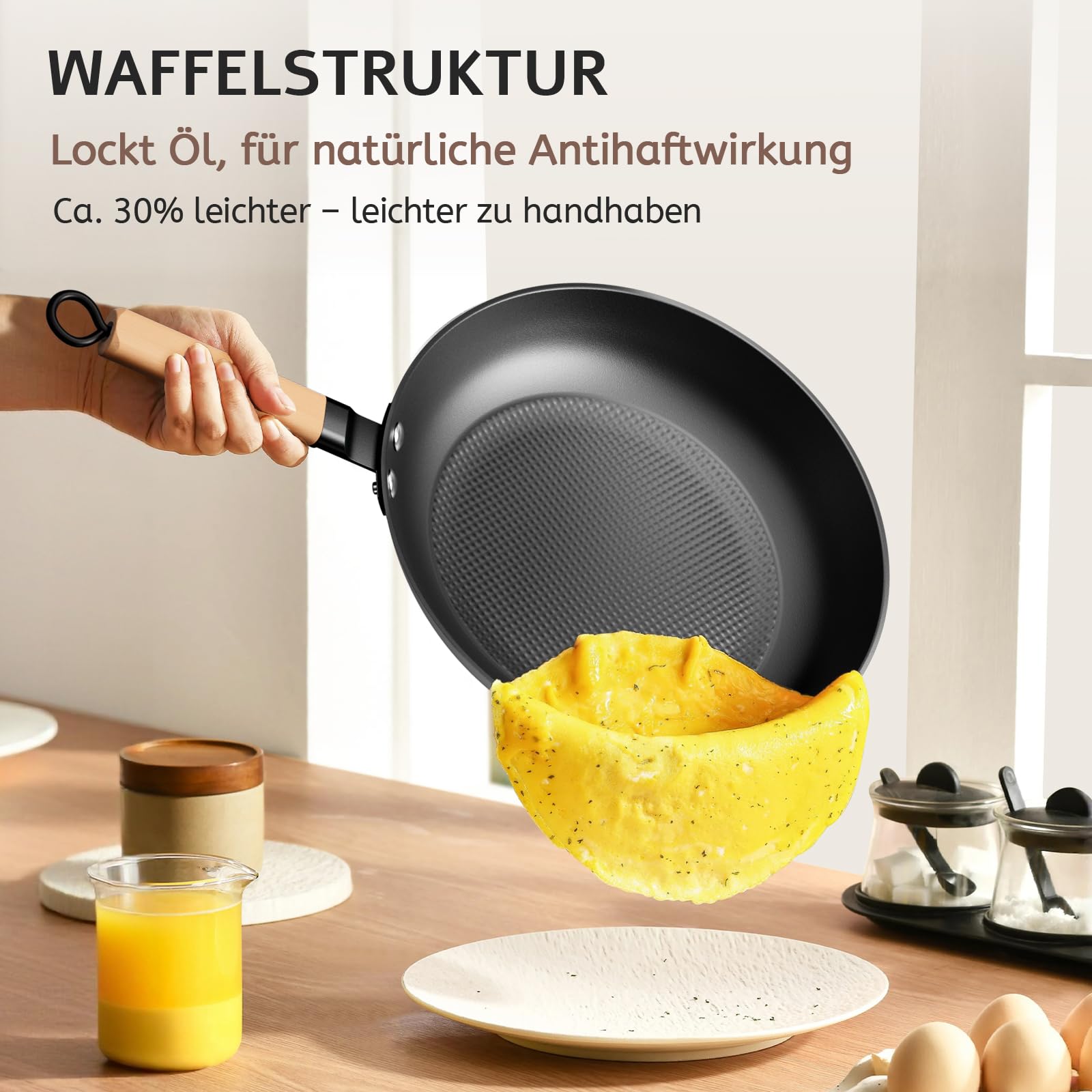 YUTANN Gusseisenpfanne, Antihaft-Bratpfanne, Frying Pan, Abnehmbarer Holzgriff, PFAS-Frei/PFOA-Frei, Beschichtete Pfanne Für Gasherd Induktion Oven (Schwarz, 28cm)