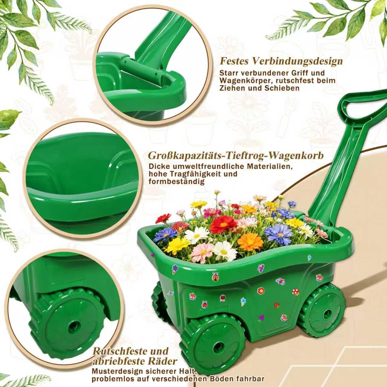 Schubkarre für Kinder, 13-teiliges Gartenwerkzeug Set mit Schaufel, Rechen, Gießkanne, Handschuhe, Sticker (Grün)