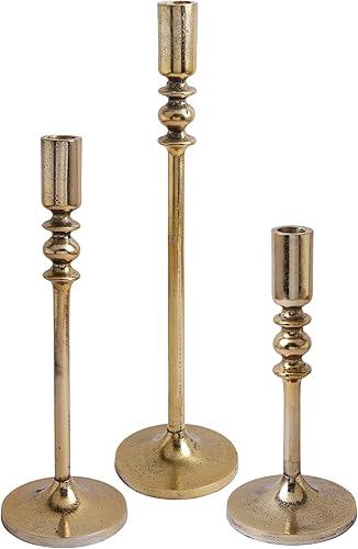 AHC HOME & LIVING Portavelas cónicos de oro antiguo, juego de 3 candelabros de metal hechos a mano (15, 12, 9 pulgadas) para centro de mesa,