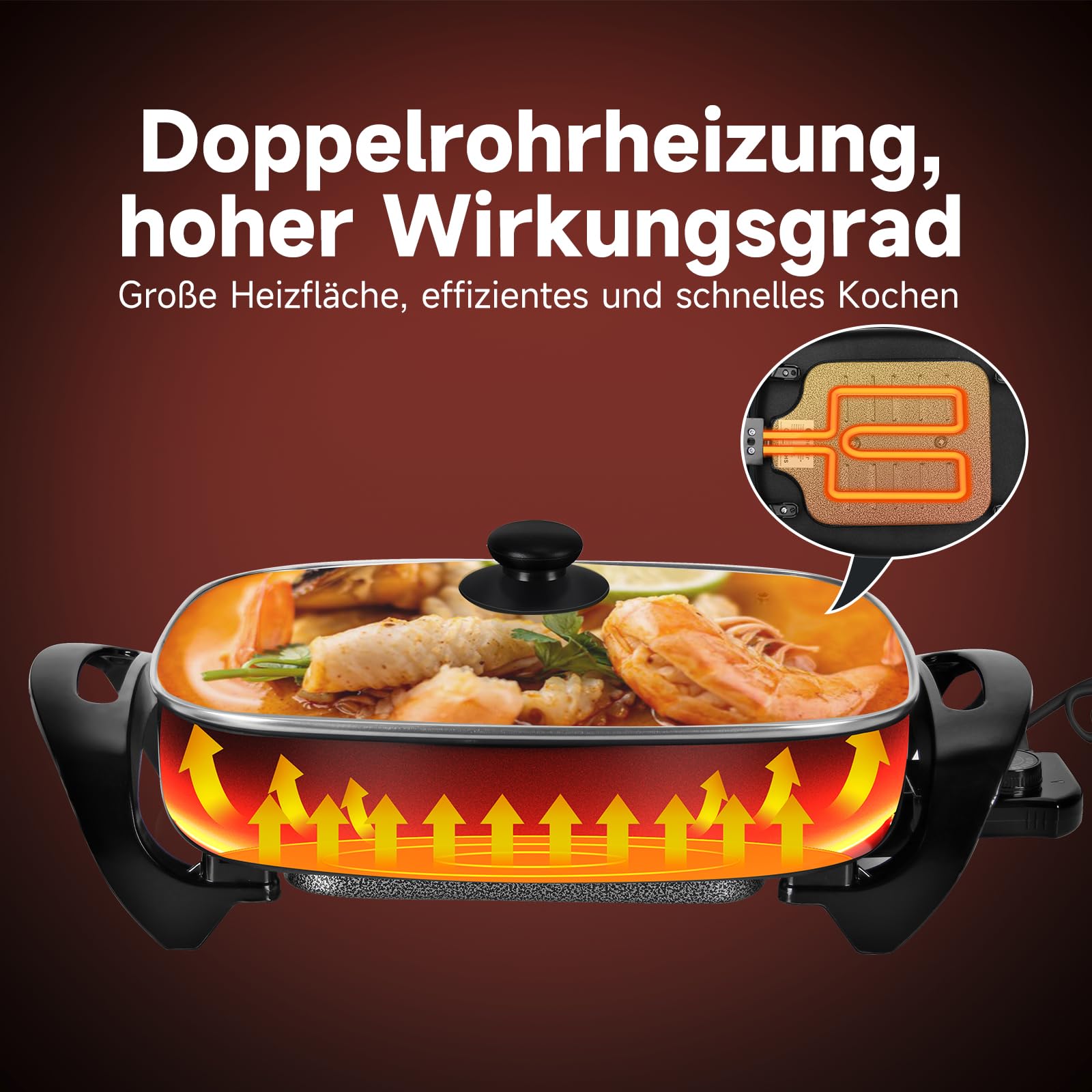 Scheffler Elektrische pizzapan, 41 cm, met deksel, multifunctionele pan met antiaanbaklaag, 5 instelbare temperaturen, 13 l, 1500 W (EPP38-A
