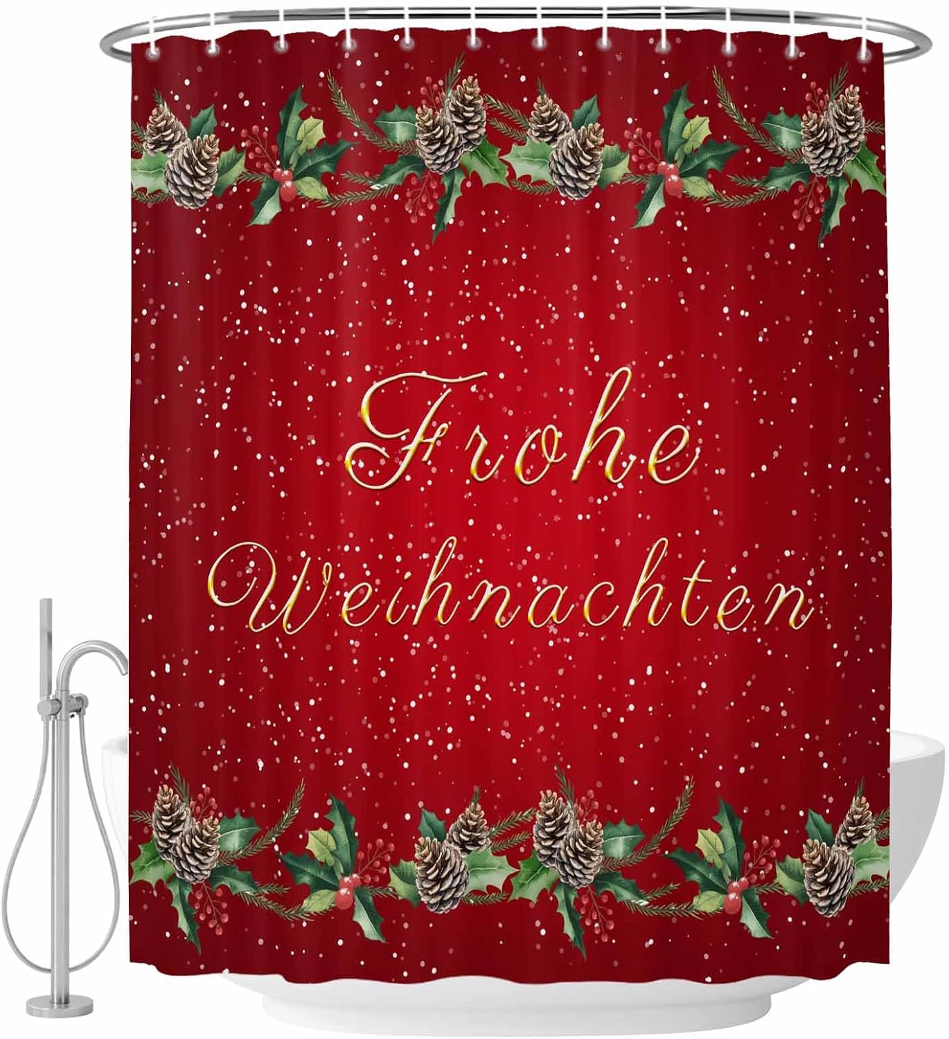 Merry Christmas Waterproof Shower Curtains Set - Extra Long Shower Curtain 72 x 84 Inch, Red Winter Pine Cones Berries Snowflake Fabric Bathroom Curtain with 12 Hooks, Bathroom Accessories