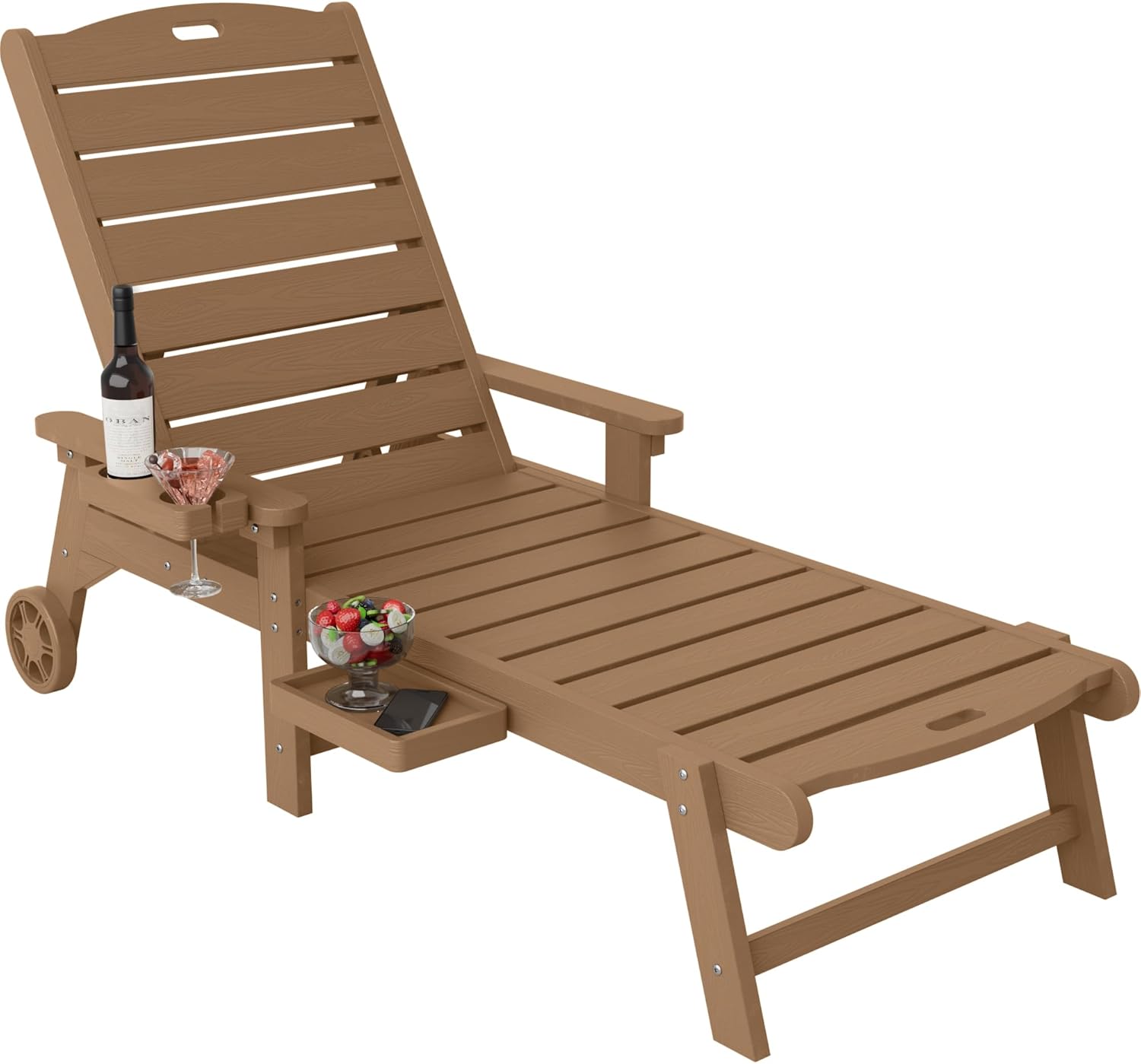 YEFU Chaise Lounge Chair Outdoor,Pool Lounge Chair with Adjustable Backrest,All Weather Resin Patio Lounge Chair with Cup Holder&Armrest,for Outside,Beach,Deck,Heavy Duty,400lbs Capacity(Teak)