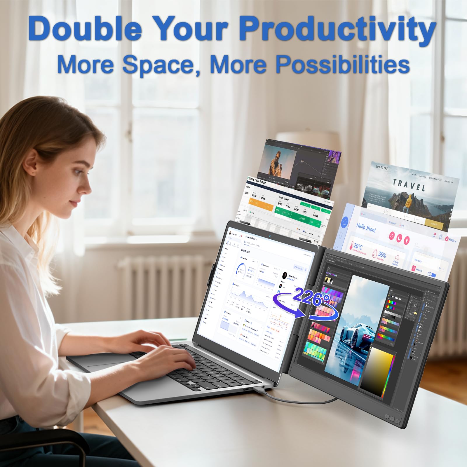 Upperizon Portable Monitor Foldable Dual Screen 15.6 inch FHD 107% sRGB IPS HDMI USB-C Travel Monitor for Laptop Mac PC Windows, DisplayLink Stacked Screen Extender with Kickstand, VESA Compatible product image 15