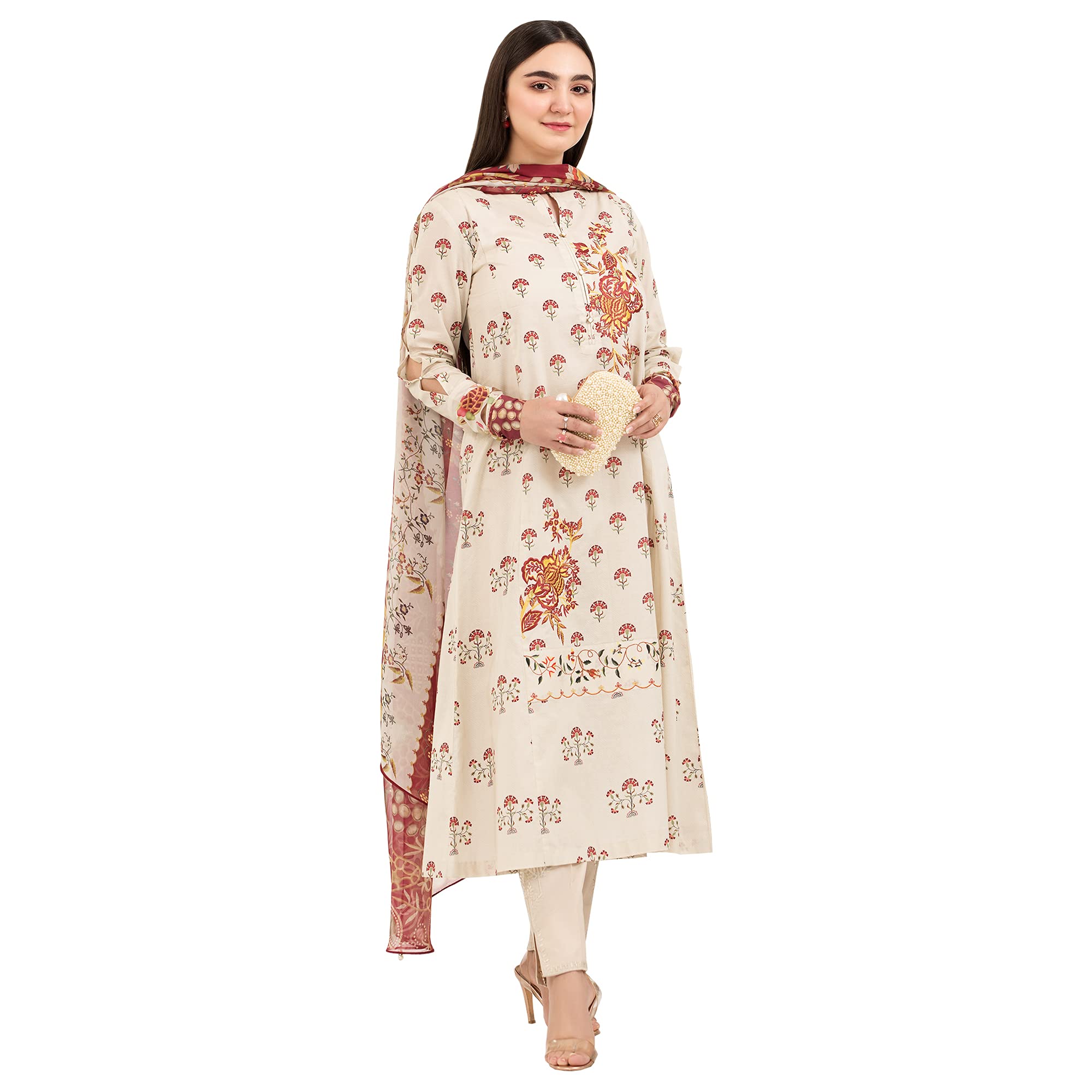 Nishat Linen PE21-46-Beige Mix & Match Printed Embroidered Lawn Stitched Shirt with Silk Dupatta