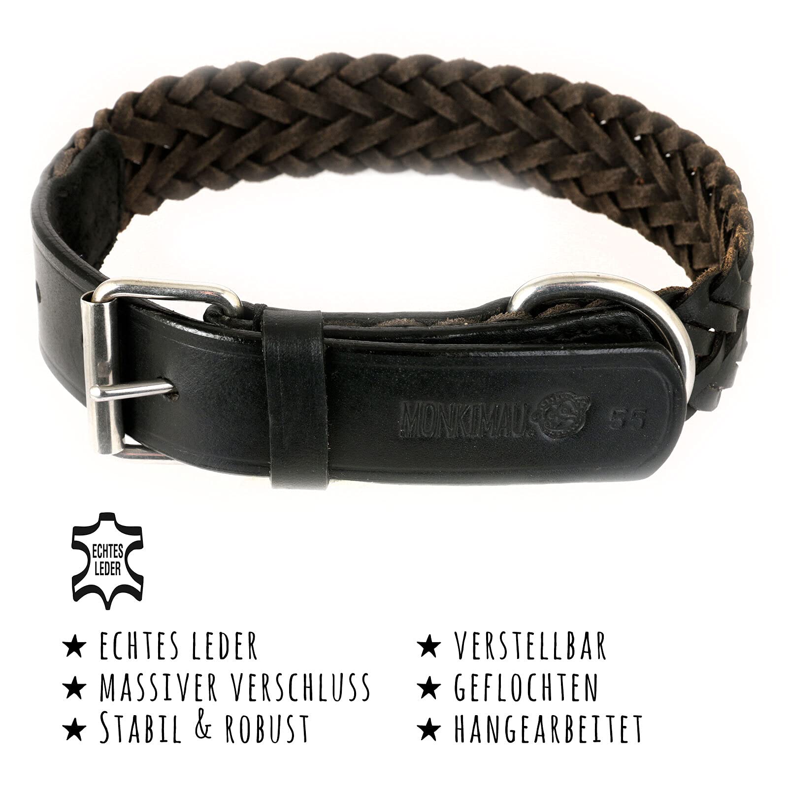 Monkimau Hundehalsband - Halsband für Hunde schwarz echt Leder geflochten verstellbar (30mm x 60cm)