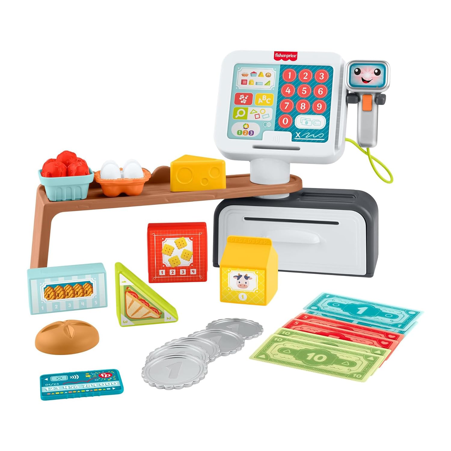 Fisher-Price kasa fiskalna, zestaw naukowy z ponad 150 piosenkami, dźwiękami i frazami, 20 akcesoriów, wersja włoska +ES+IN+PT, zabawka dla dzieci w wieku 2+ lat, JGX00