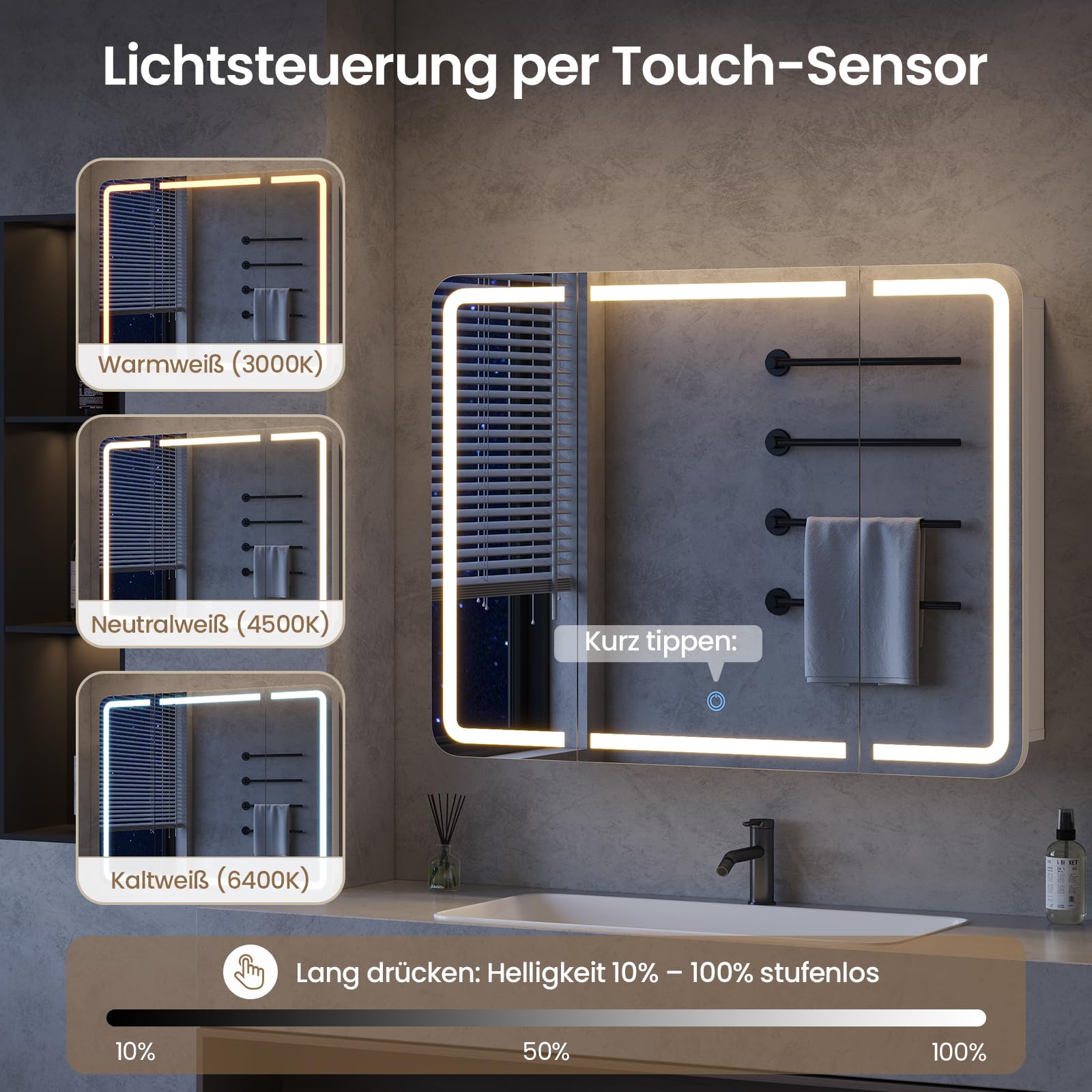3-türiger Spiegelschrank Bad mit 360° Rundumsicht – 80 cm breit, +5 cm Überstand, LED Touch-Sensor, 3 Lichtfarben, dimmbar & integrierte Ladestation (2 USB + 2 Steckdosen)