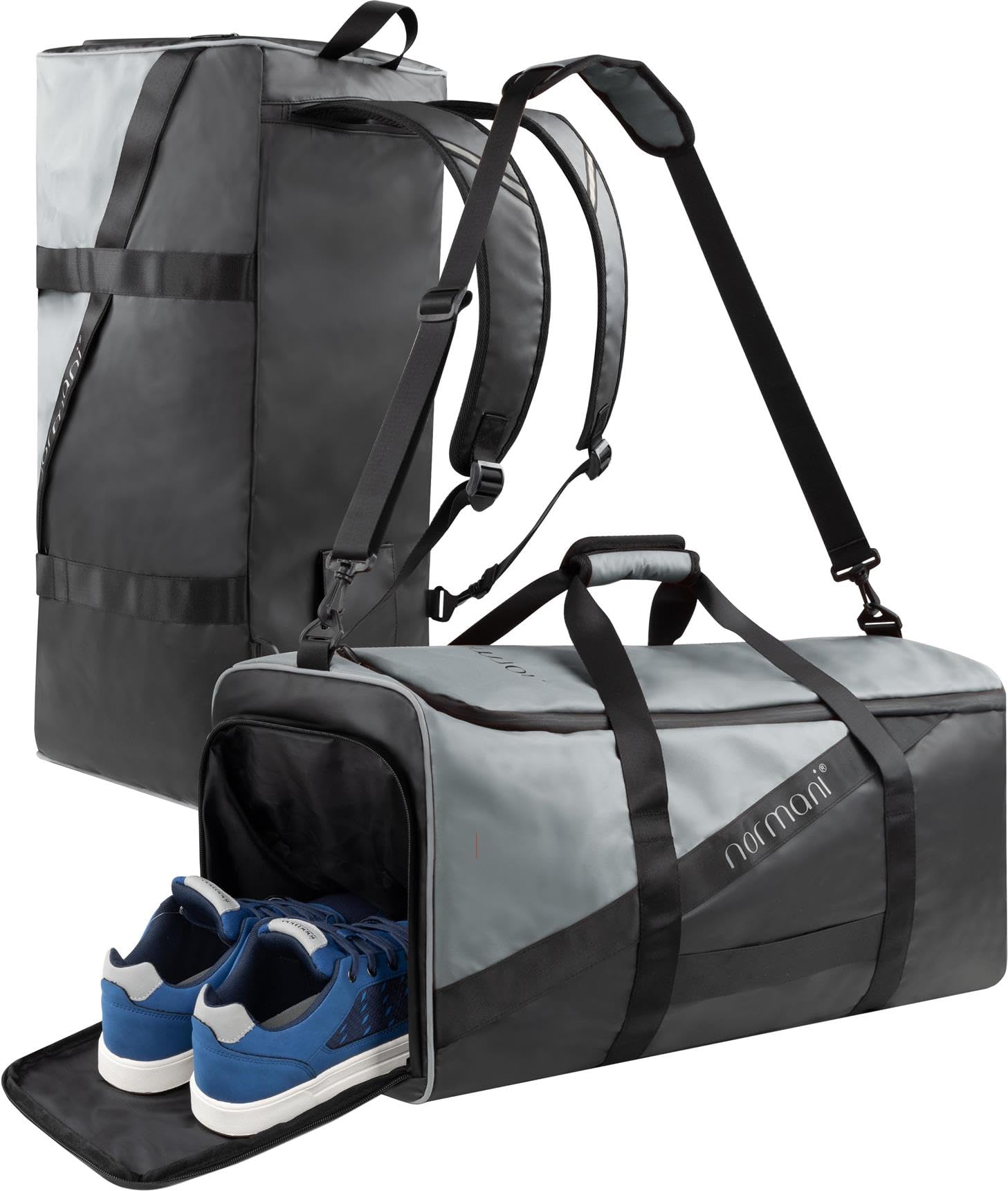 Reisetasche Sporttasche 58 90 oder 120 Liter mit Rucksack-Funktion faltbar mit separatem Nassfach Schuhfach - großer Weekender Farbe 90 Liter Grau