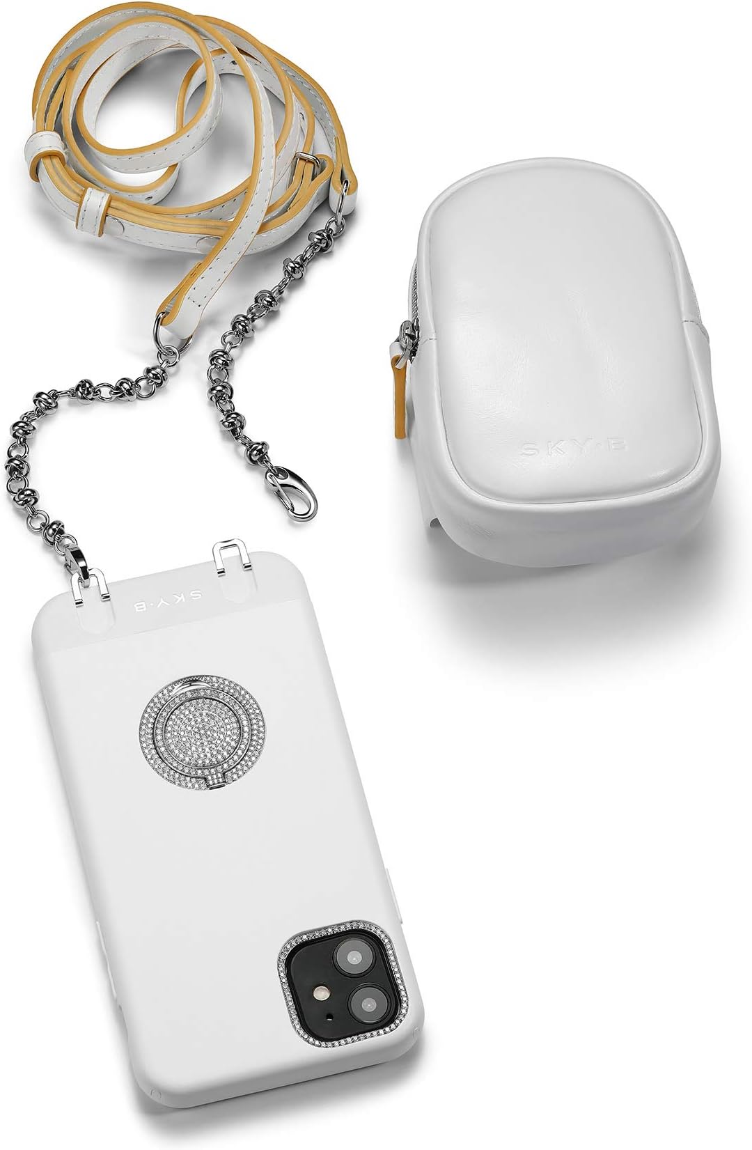 SKYB iPhone 11 Case with 3 Changeable Backplates, Cubic Zirconia Phone Ring Holder and Camera Frame, Accessories Pouch and Crossbody Strap - Daydream Color (Light Blue-White-Pink)