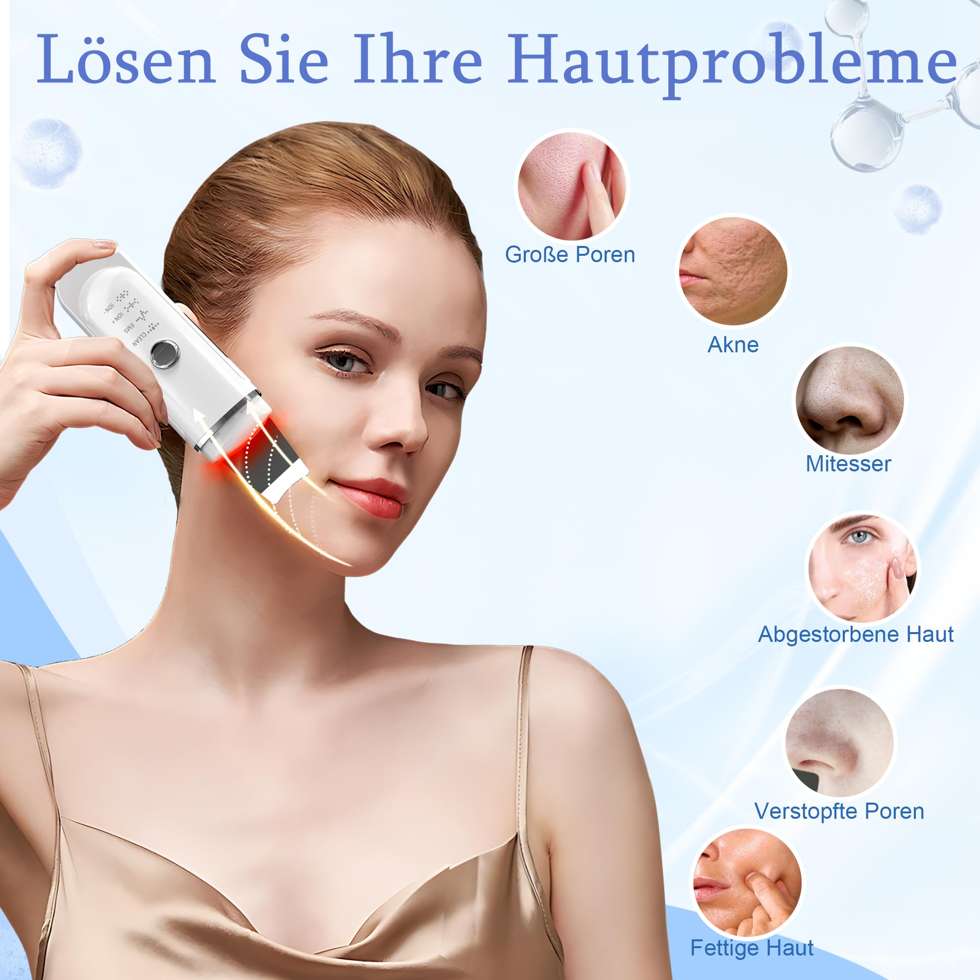 Skin Scrubber Ultraschall, Yeerain Porenreiniger Gesicht mit 4 Modi und Rotlicht Blaulicht, Mitesserentferner Ultraschallgerät für Gesichtsreinigung Gerät