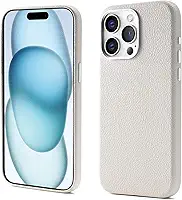Capinha Premium de Couro Anti Impacto – Compatível com Modelos de iPhone (Carregamento Sem Fio Magnético),À Prova d’Água e Poeira, Botões de Metal e Proteção da Câmera (Bege, iPhone 14)