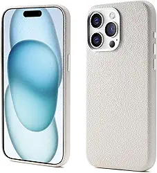 Capinha Premium de Couro Anti Impacto – Compatível com Modelos de iPhone (Carregamento Sem Fio Magnético)，À Prova d’Água e Poeira, Botões de Metal e Proteção da Câmera (Bege, iPhone 14)