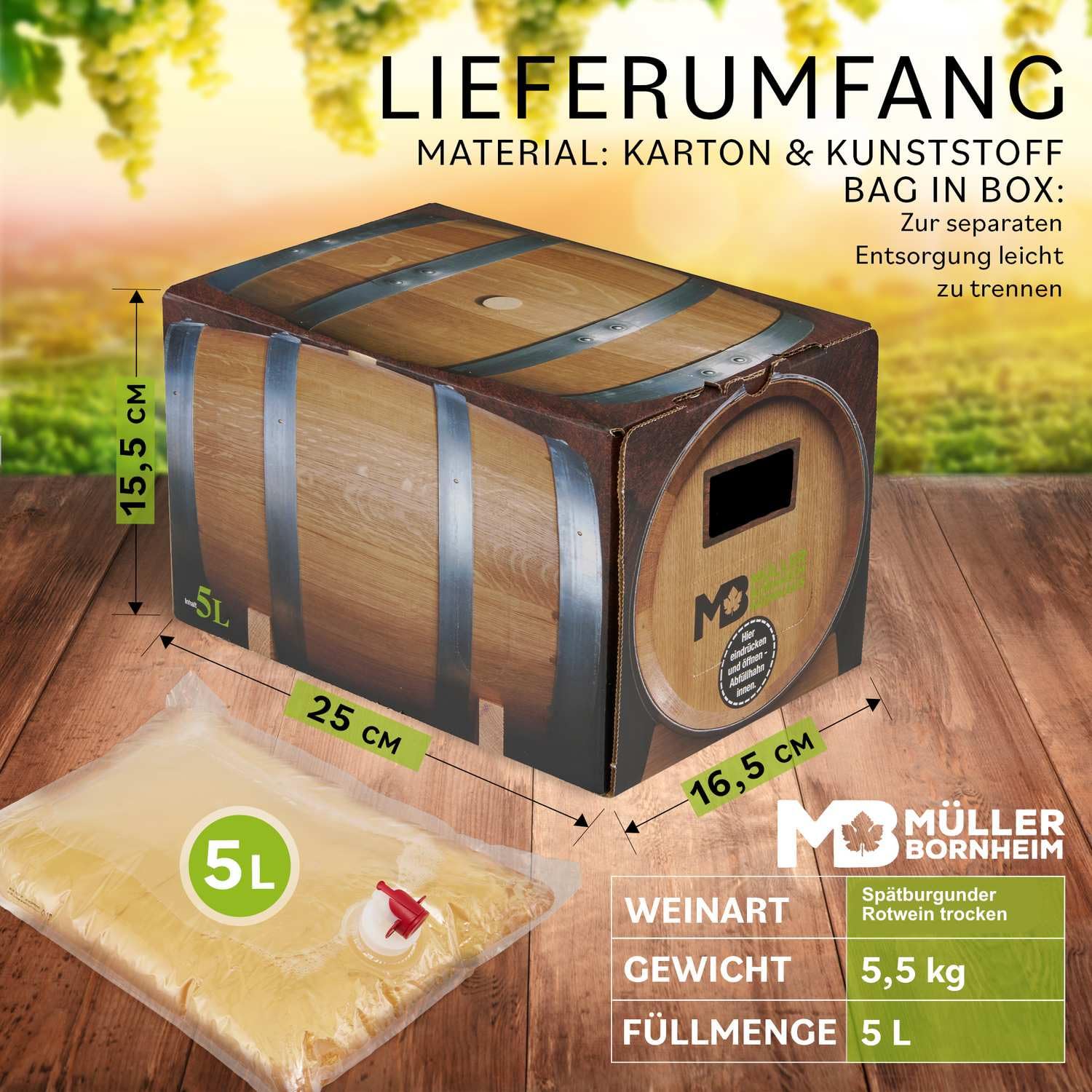 Weinhaus Müller Bornheim Spätburgunder Rosé Trocken Bag in Box 5L Pfalz | Länger frisch als jede Glasflasche – Zapfhahn inklusive, bruchsicher, nachhaltig & recyclebar