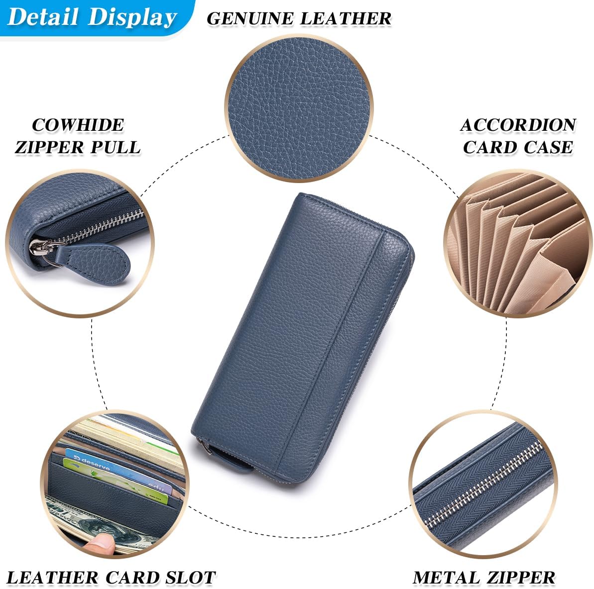 Wallets for Women RFID Blocking Real Leather Extra Long Large Capacity Zipper Clutch Wallet with 18 Card Slots,Navy Blue - Image 5