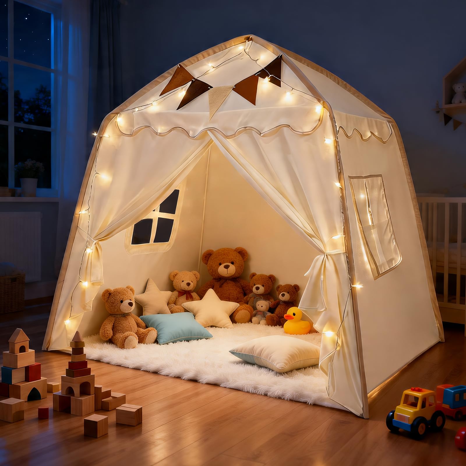 Tente Enfant, Cabane Enfant Intérieur avec Lumières et Drapeaux Tente de Jeu pour Enfants Princesse Tipi Cadeaux d'Anniversaire et de la Fête des Enfants Garçons Filles Décoration de Chambre d'Enfants