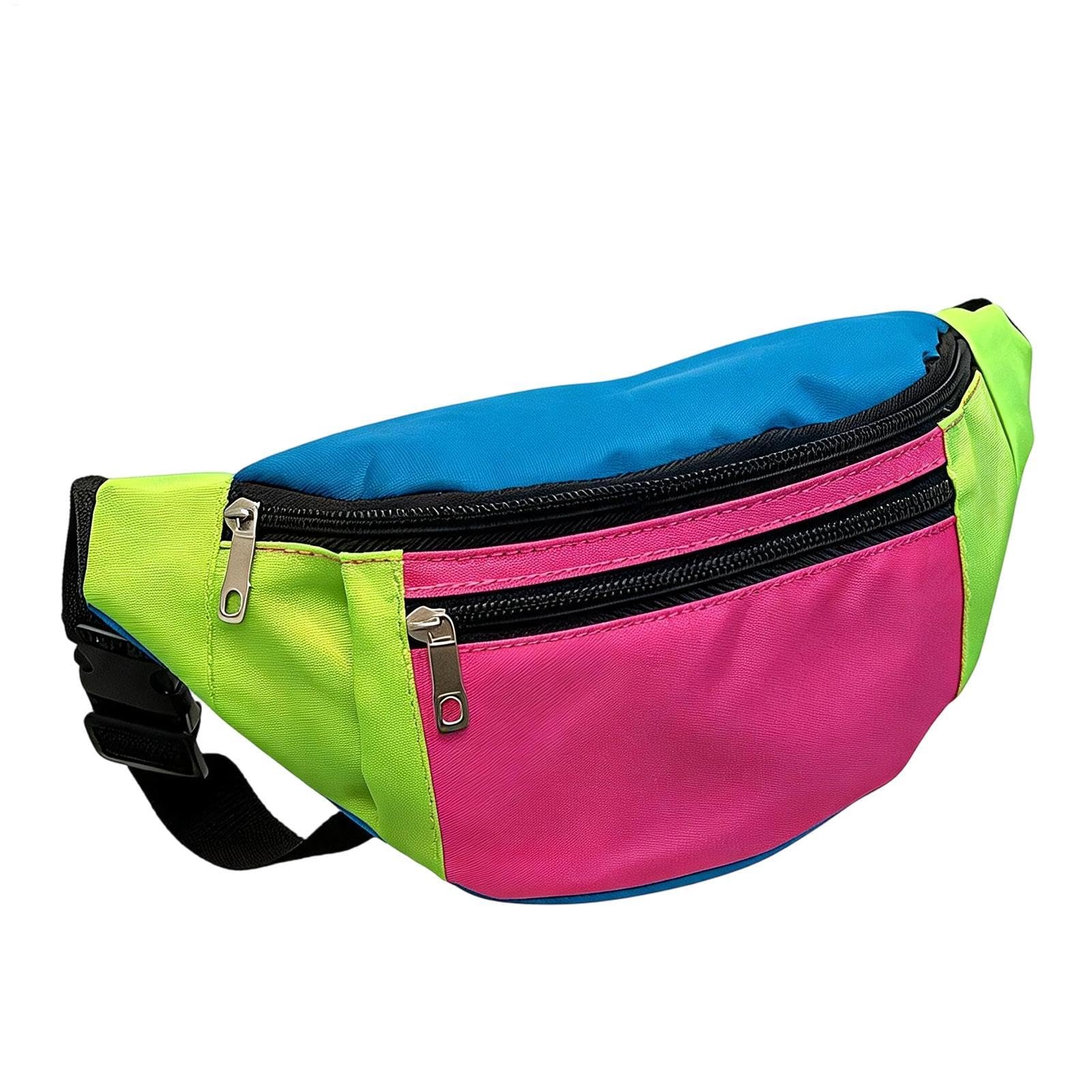 Neon Bauchtasche Retro Hüfttasche mit verstellbarem Gürtel | Vintage-Hip-Hop-Stil mit Reißverschlusstaschen, passend für Festivals, Karneval, Radfahren und Halloween-Kostüme