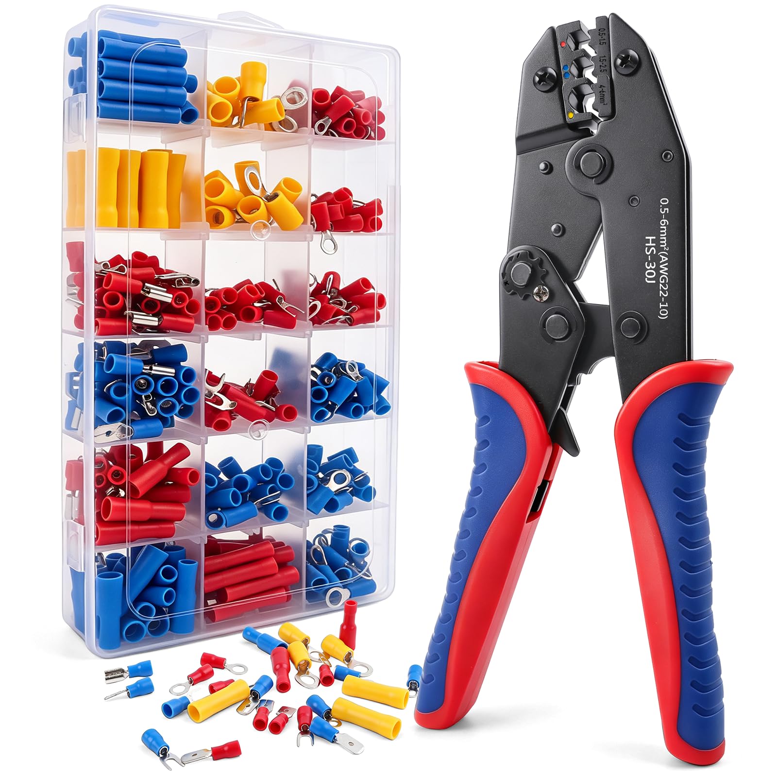 Ratcheting Crimping Tool, 370 Insulated Electrical Connectors, 0.5-6 mm²