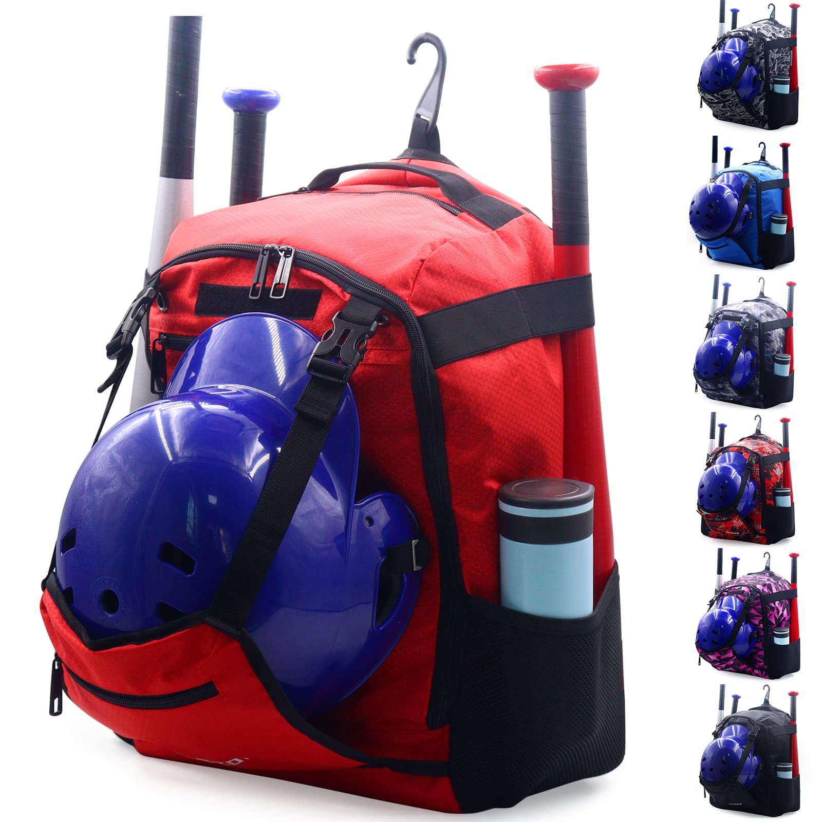 ZOEA Baseball Bat Bag Backpack, T-Ball & Softball Equipment & Gear for Youth and Boys Girls, Softball Bag Large Capacity Holds 2 Bats, Helmet, Gloves, Cleats, Helmet Holder and Includes Fence Hook