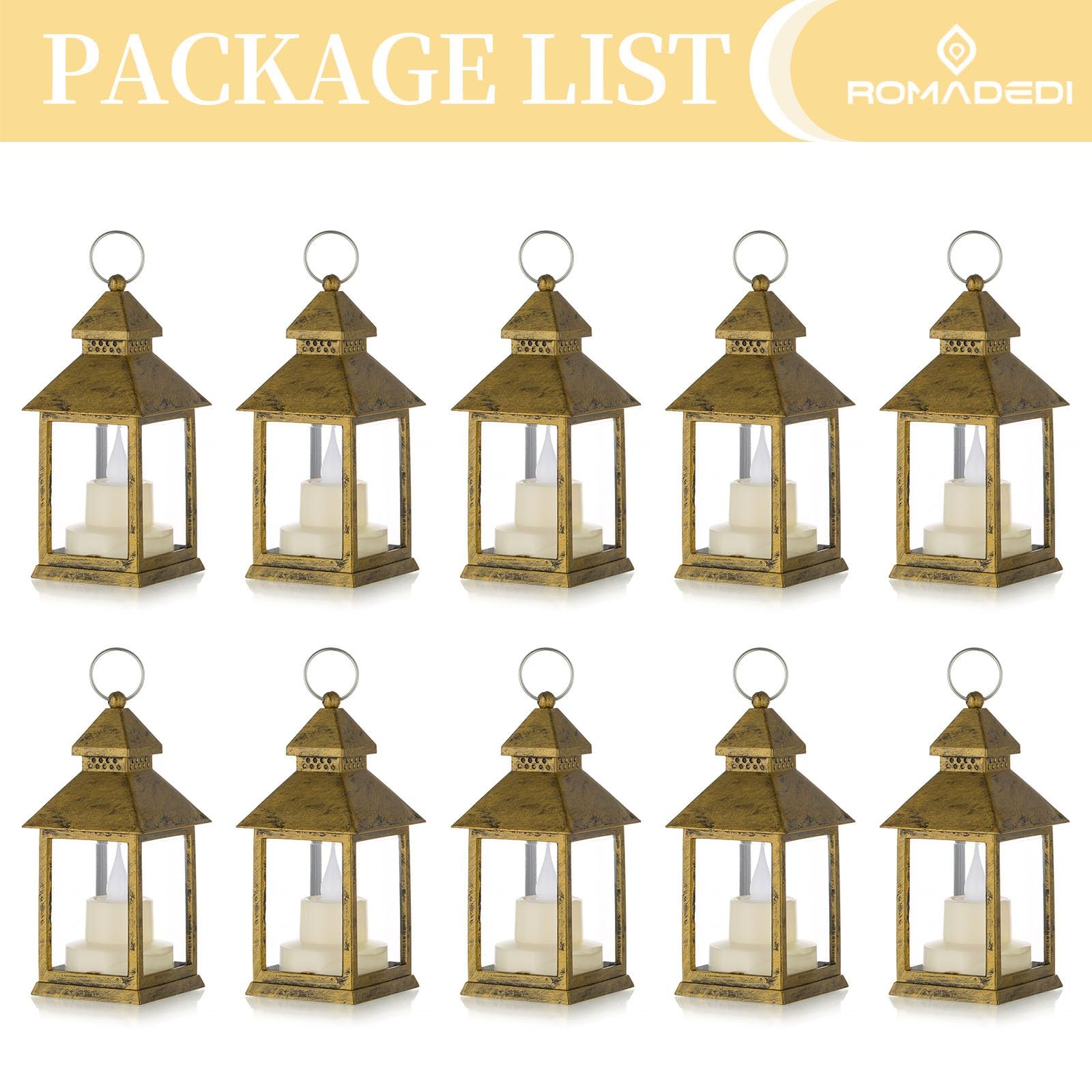Romadedi Lanterne Orientale Decoration de Table - Lot de 10 Mini LED Lanterne Bougie Doré pour Exterieur Ramadan Halloween Marriage Noel Bougeoir, Piles Incluses