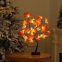 Vista 3 de Árbol de arce artificial iluminado de otoño, 24 luces LED, decoraciones de Acción de Gracias, funciona con batería/USB, árbol pequeño preiluminado