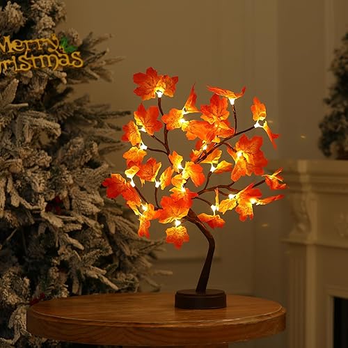 Miniatura 3 de Árbol de arce artificial iluminado de otoño, 24 luces LED, decoraciones de Acción de Gracias, funciona con bateríaUSB, árbol pequeño preiluminado