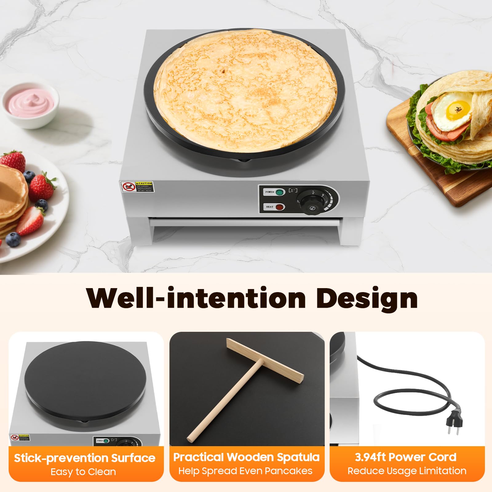 Appareil à crêpes 220V 3000W Crepegerät, Crepesmaker 50-300°C – avec plaque de grill et spatule, appareil professionnel pour crêpes et tortillas (diamètre 40cm) avec revêtement antiadhésif