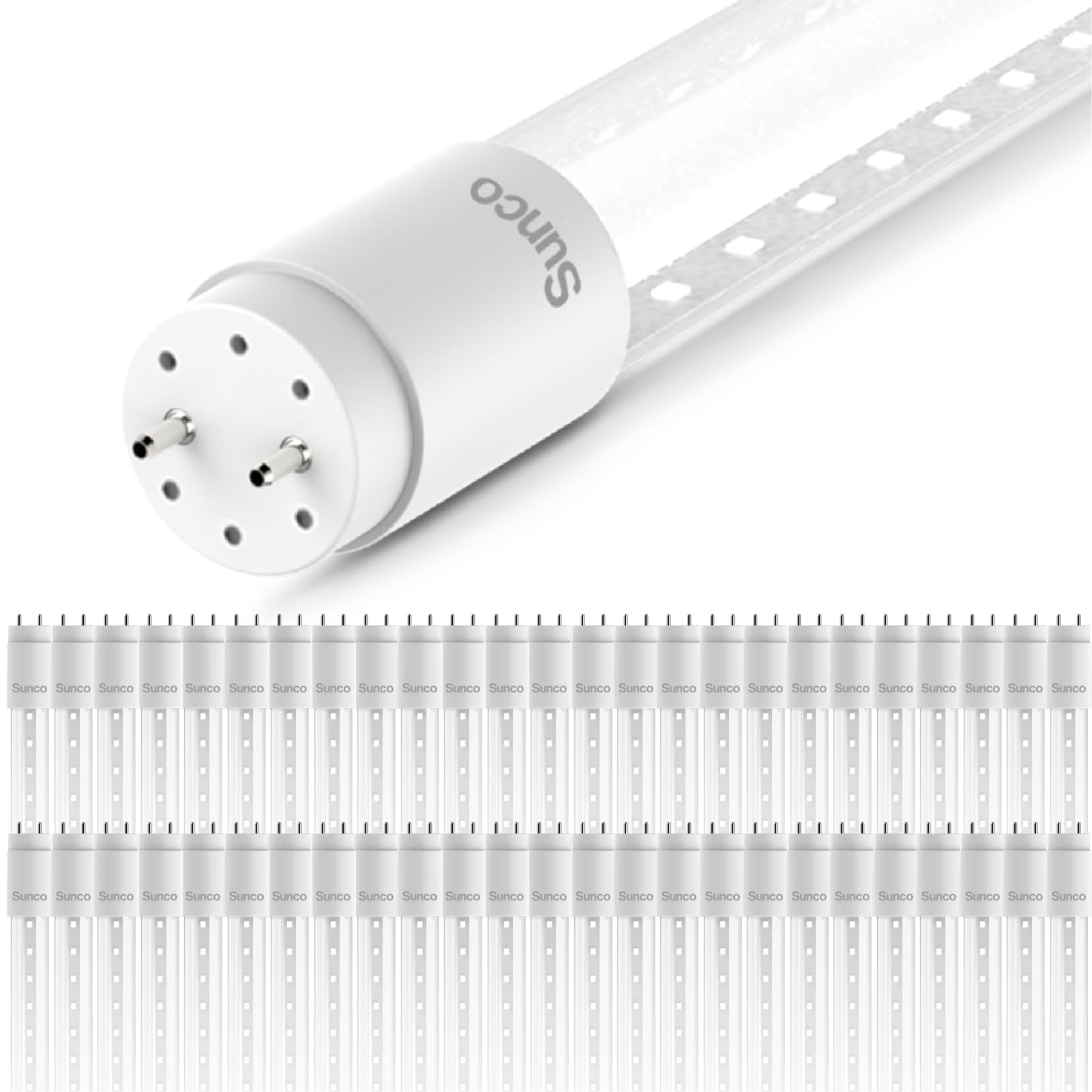 Sunco 50 Pack 4ft. T8 Indoor Industrial Commercial Warehouse Garage Home Replacement Improvement Clear Strip LED Tube Light, 2400 Lumens, Type A+B, 5000K, 20W, Non-Dimmable, AC120-277V - UL, FCC