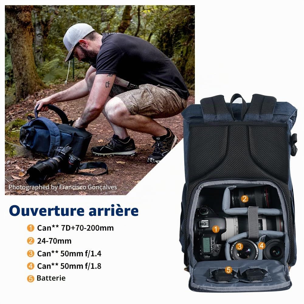 K&F CONCEPT Sac à Dos Appareil Photo, DSLR Sac de Voyage avec Housse Imperméable Inclus pour DSLR Canon Nikon Sony Olympus (XL)