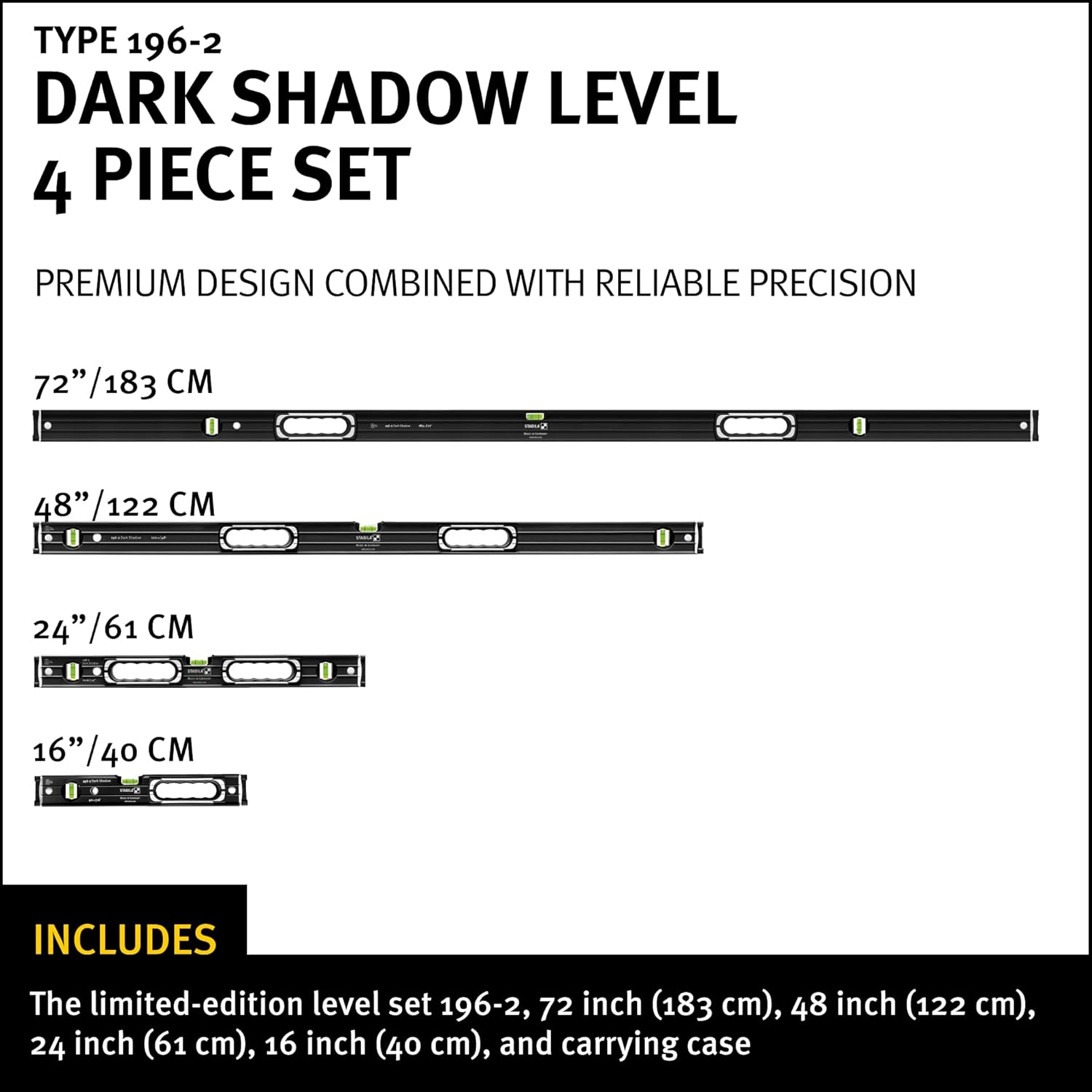 STABILA Dark Shadow Level set 196-2, 72 inch (183 cm), 48 inch (122 cm), 24 inch (61 cm), 16 inch (40 cm), and carrying case, Cat. Number 37400