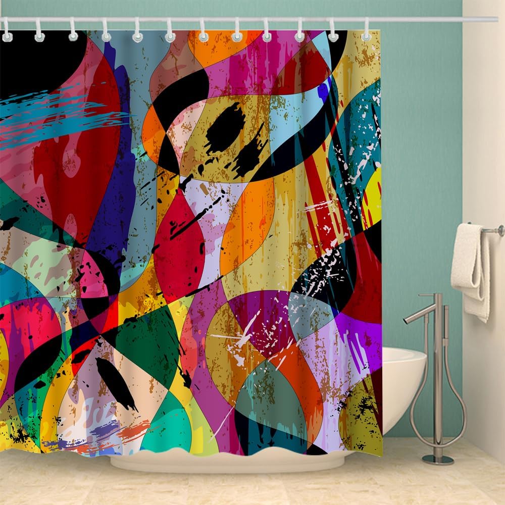 Abstract Colorful Shower Curtain with Strokes Splashes and Waves Shower Curtain with Hooks Bathroom Decorative Accessories 72 x 72 inch