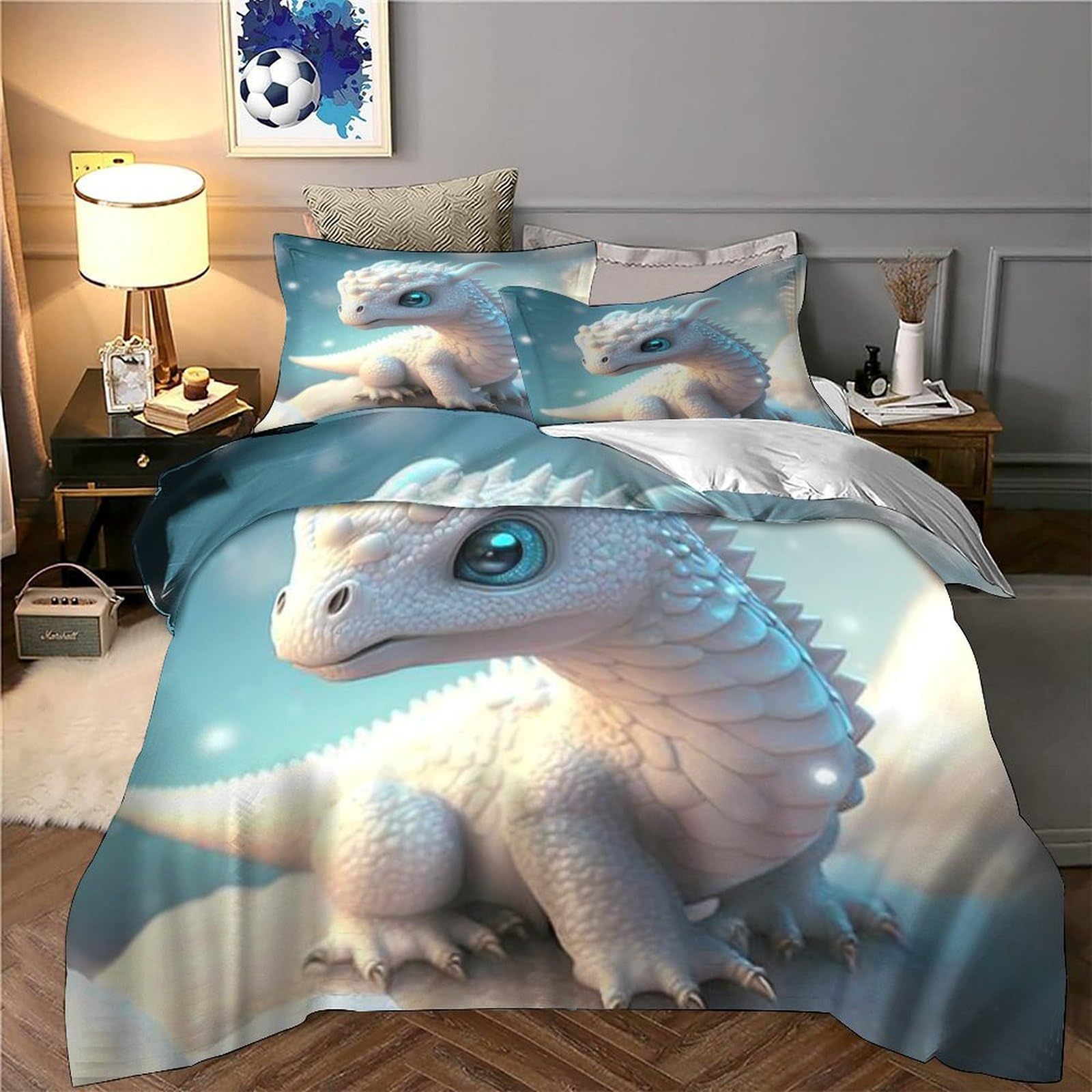 Fantasia del drago delle nevi Impressione 3D 3 pz cover piumone Stile carino creatura mitica coperteletto microfibra ipoallergenica traspirante per adolescenti ragazze adulti Double（200x200cm）
