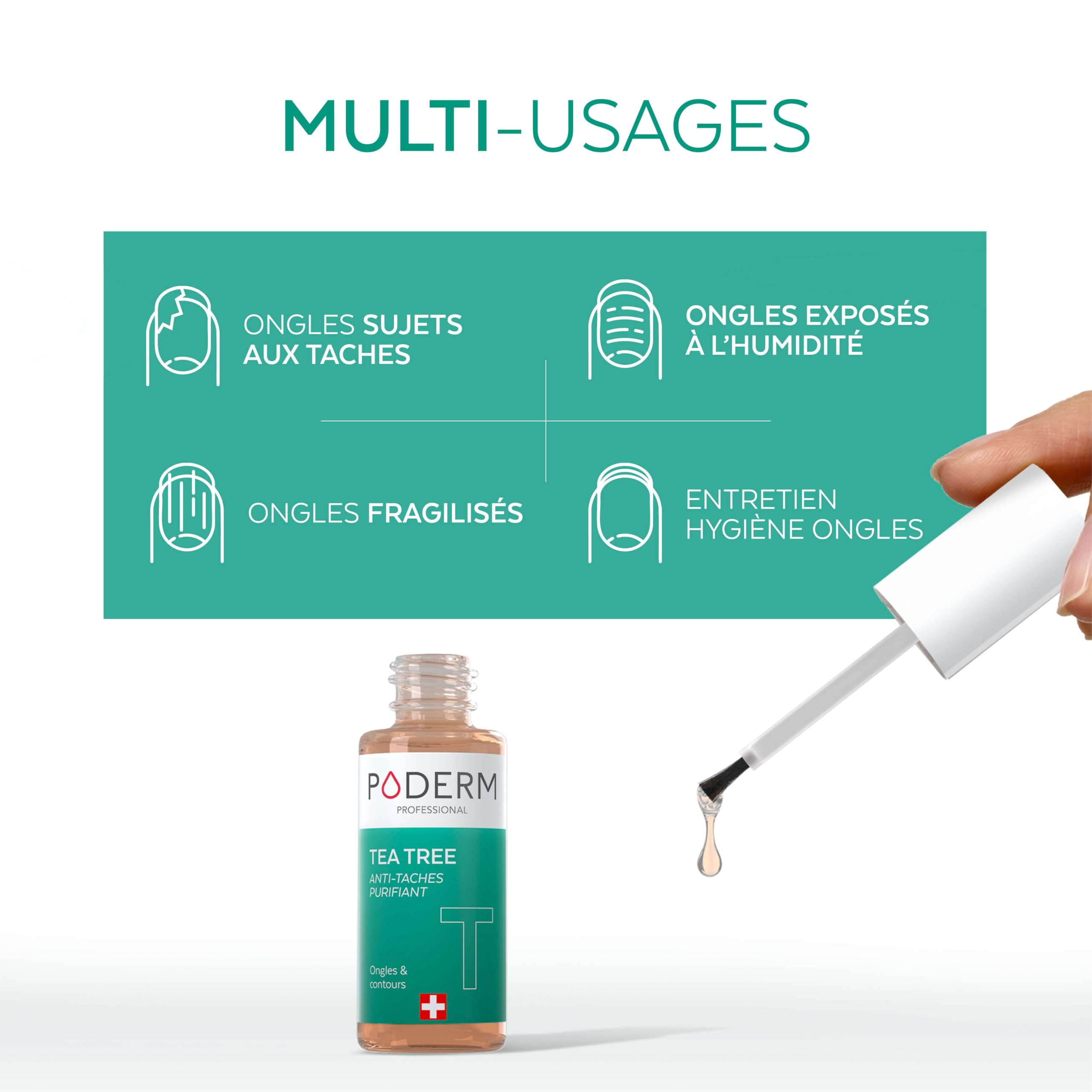 Poderm 5 en 1 Sérum Booster Ongles - Tea Tree | Soin Anti-Tâches & Réparateur pour Ongles Abîmés - 6 ML | Nourrit & Clarifie | Huile Essentielle 100% Naturelle | Développé par un Podologue en Suisse