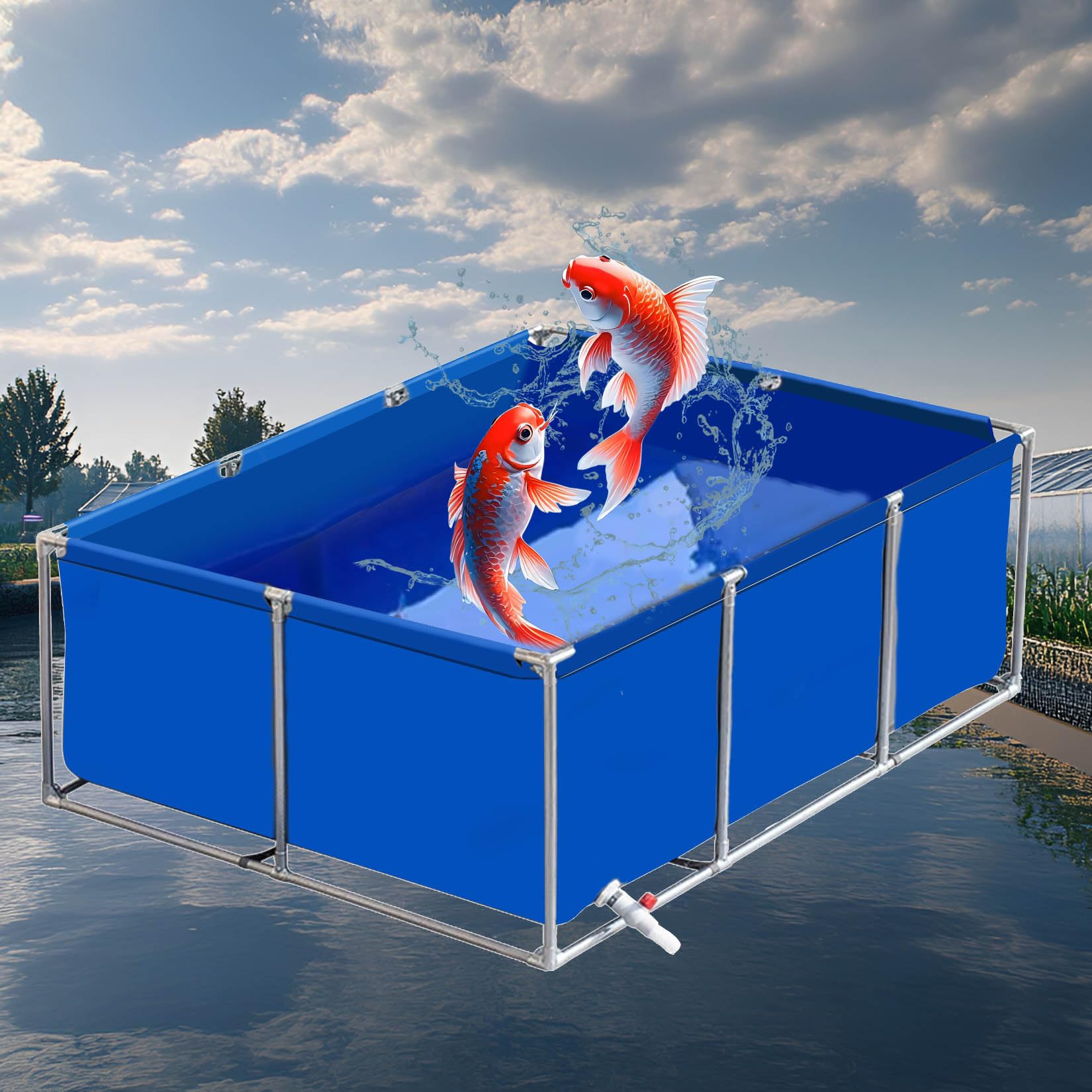 Laghetti da giardino fuori terra,Piscine semplici,Grande Acquario in PVC/Tela,Serbatoio Di Acqua All'aperto Dell'acquario Della Tela,Serbatoio temporaneo per Pesci d'Acqua salata(Blue-3×1.5×0.5m)