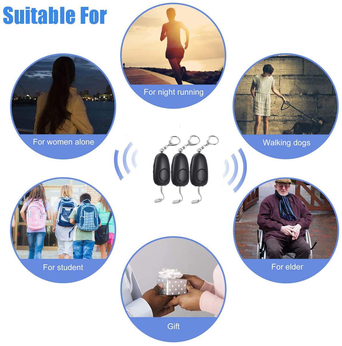 Lot de 3 alarmes personnelles rechargeables d'urgence 130 dB avec 2 lumières LED, pour femmes, hommes, enfants, personnes âgées - Noir