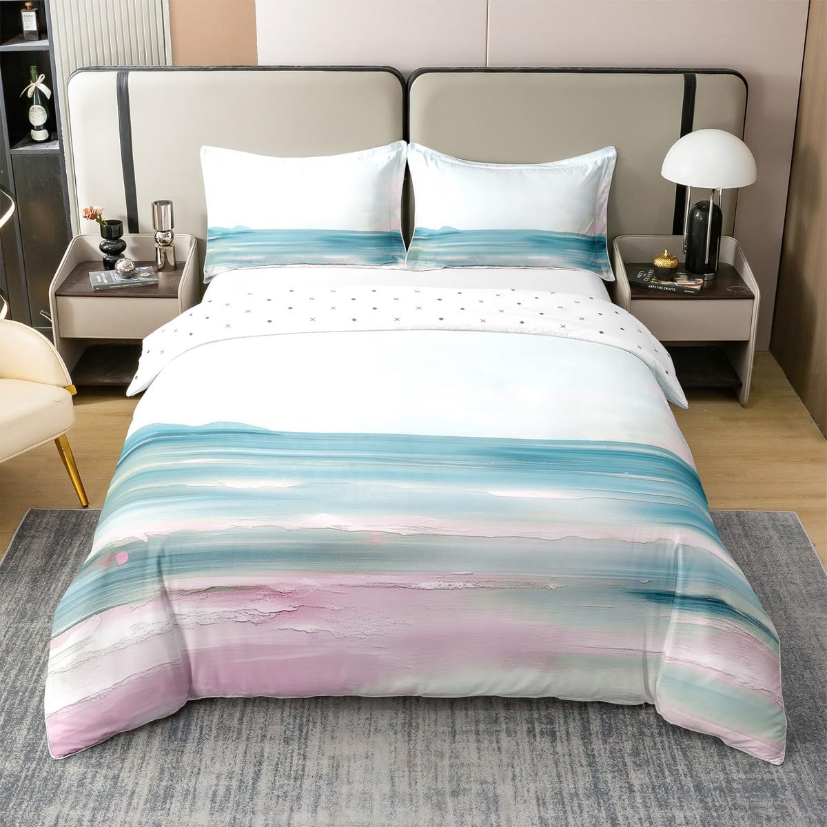 Erosebridal Abstract Beach Duvet Cover Queen Size Teal Pink Oil Painting Bedding Set for Girls Ocean Sea Wave Lake Comforter Cover Romantic Summer Natural Landscape Hawaii Bedclothes
