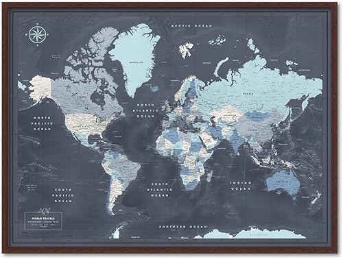Mapa de pared del mundo con alfileres - Mapa enmarcado con alfileres para el seguimiento y planificación de viajes - Inspirador más de 120 destinos